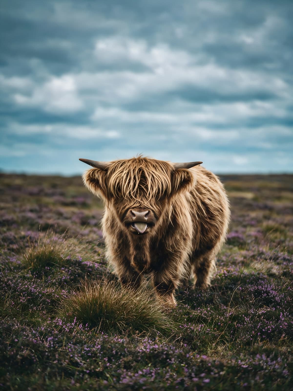 Schotse hooglander op paarse heide