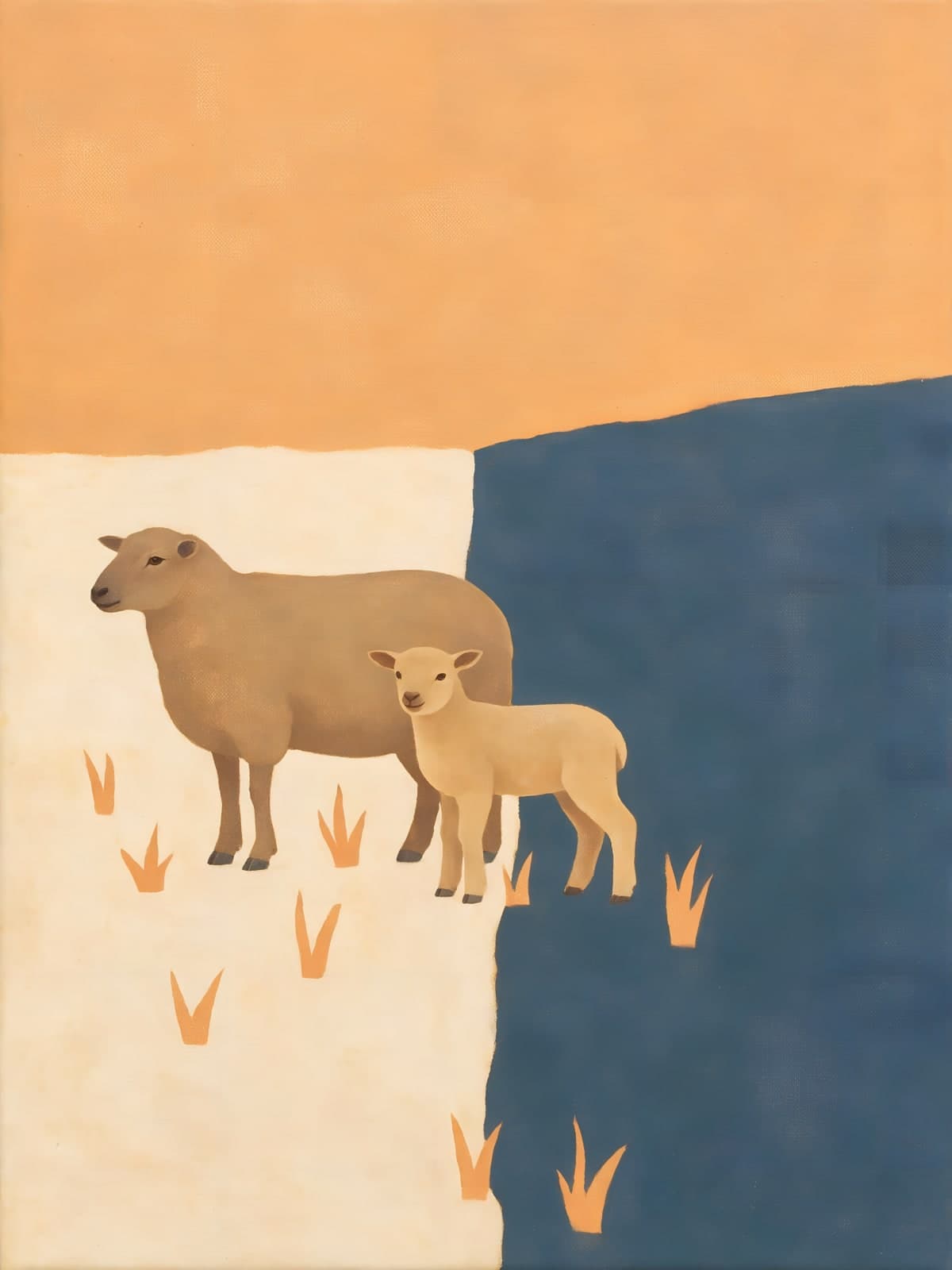 Schaap met lam op oranje en blauw