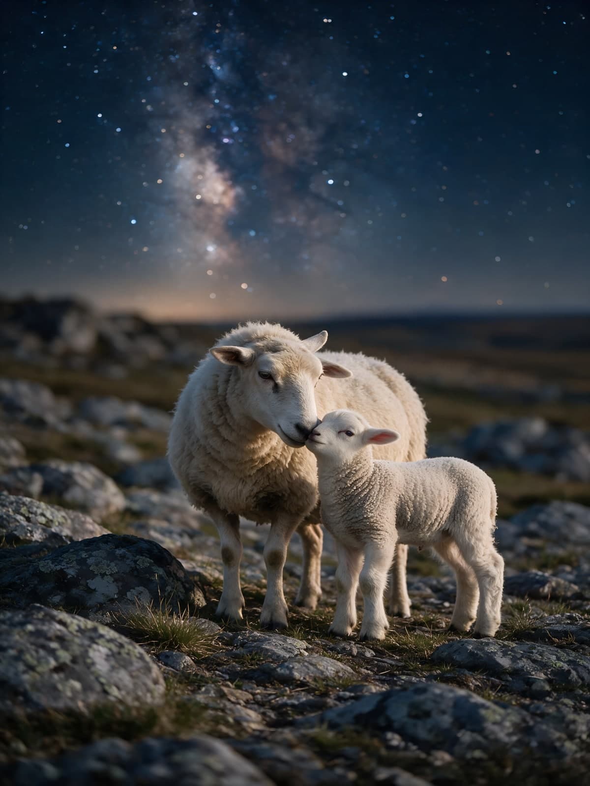 Schaap met lam onder de sterrenhemel