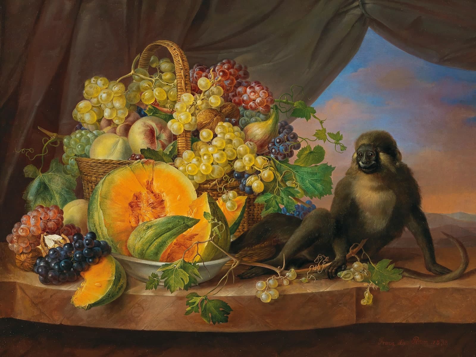Stilleven met een fruitmand en een aapje