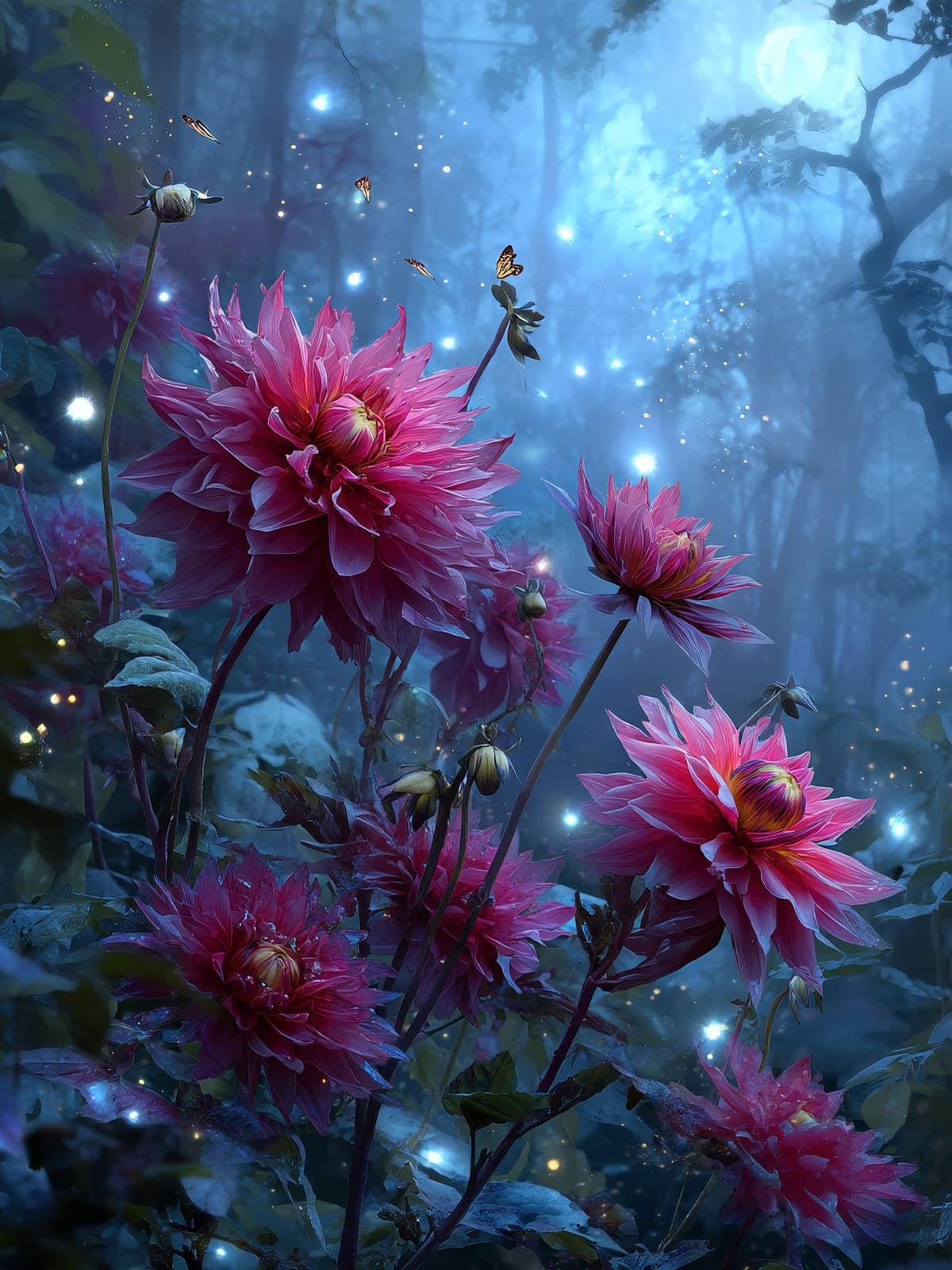 Karmijnrode dahlia's in een blauwe maannacht