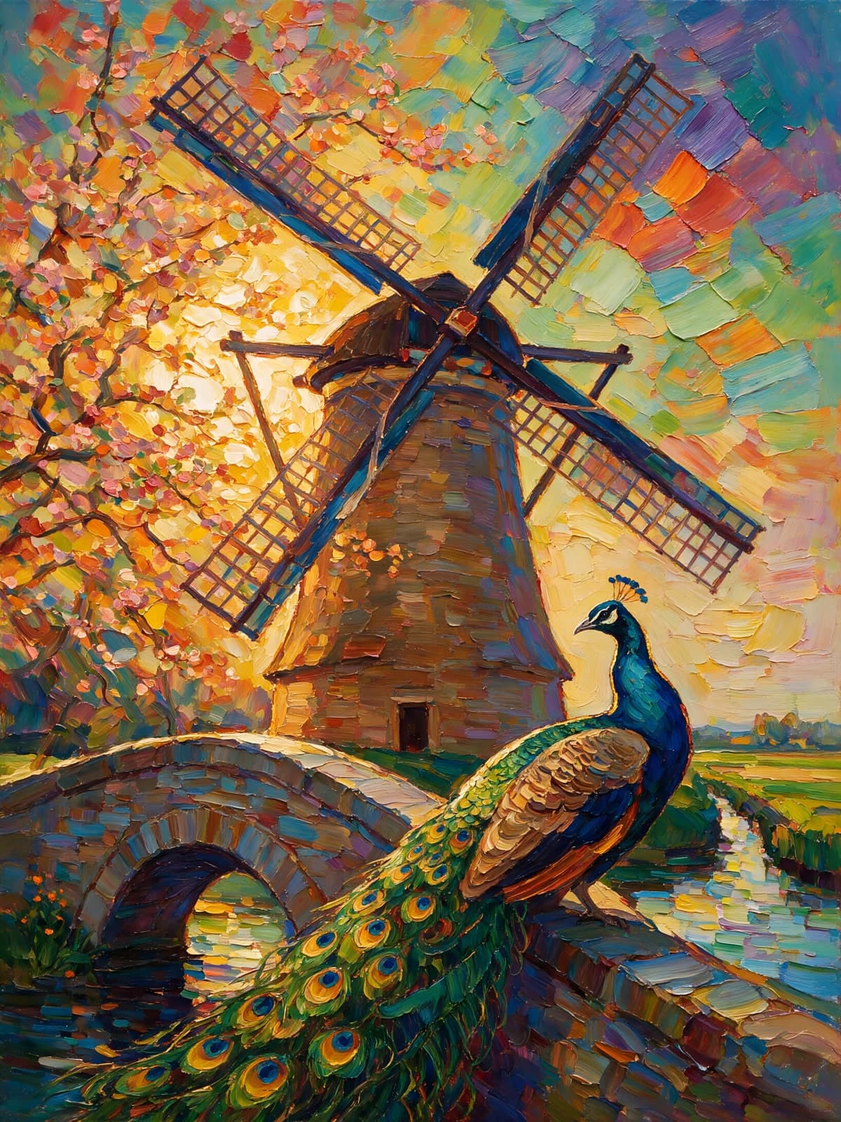 Pauw voor een molen en stenen brug