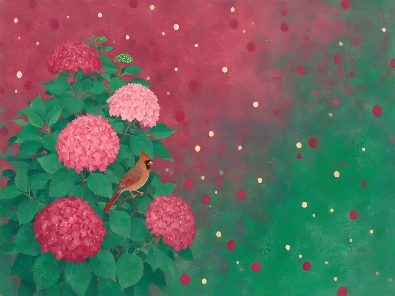 Roze hortensia's met rode vogel op groen