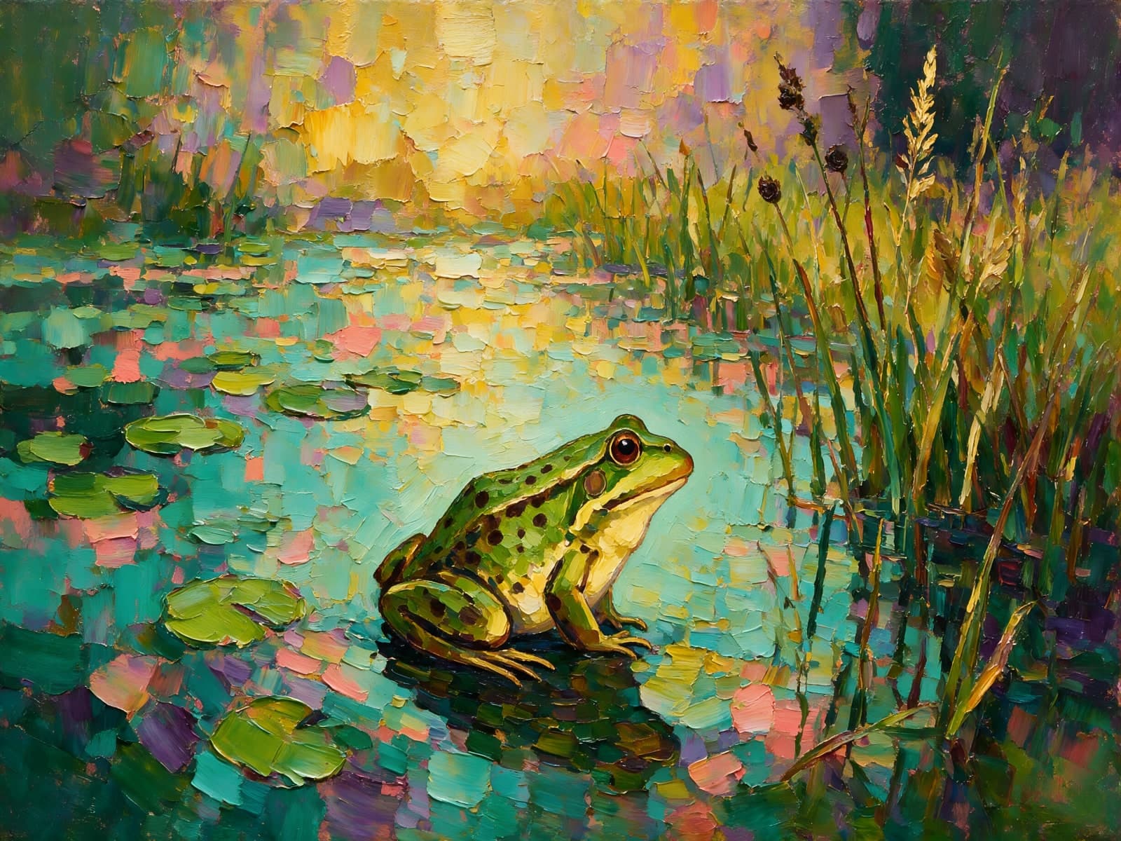 Groene kikker tussen waterlelies en riet