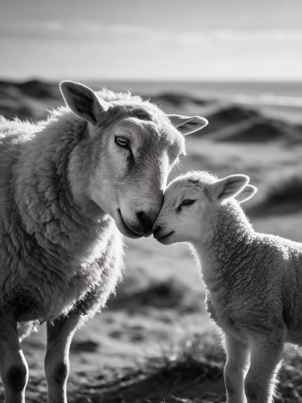 Schaap en lam met neuzen tegen elkaar