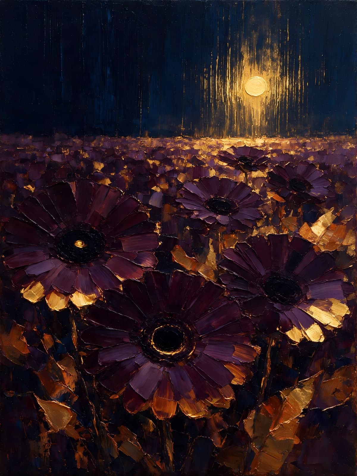 Donkerpaarse bloemen onder een gouden maan
