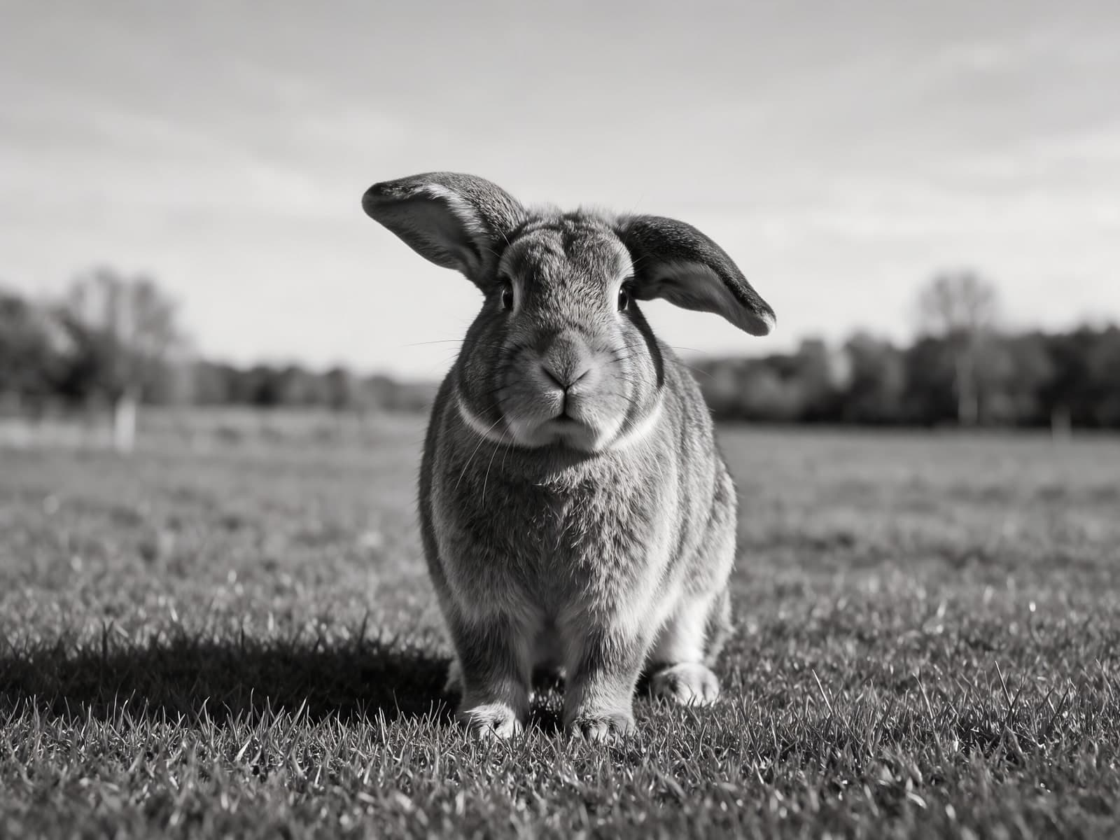 Hangoorkonijn in een open grasveld