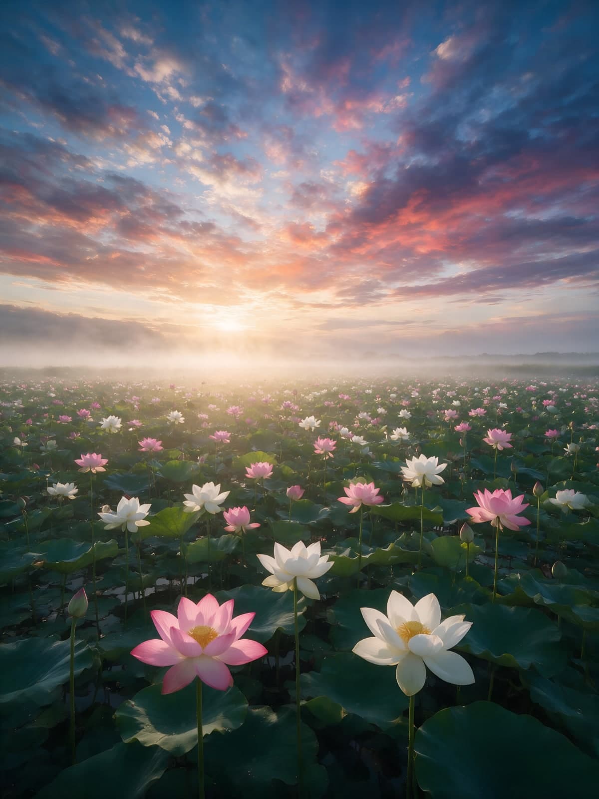 Lotusbloemen in nevel onder gekleurde lucht