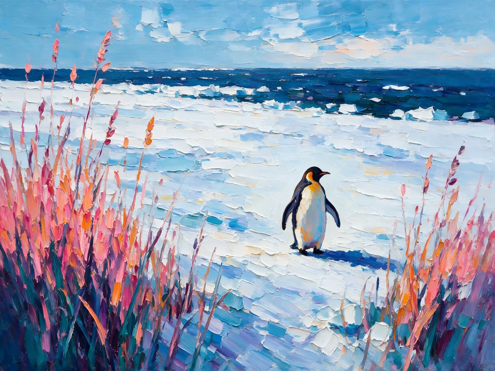 Pinguïn in de sneeuw tussen roze riet