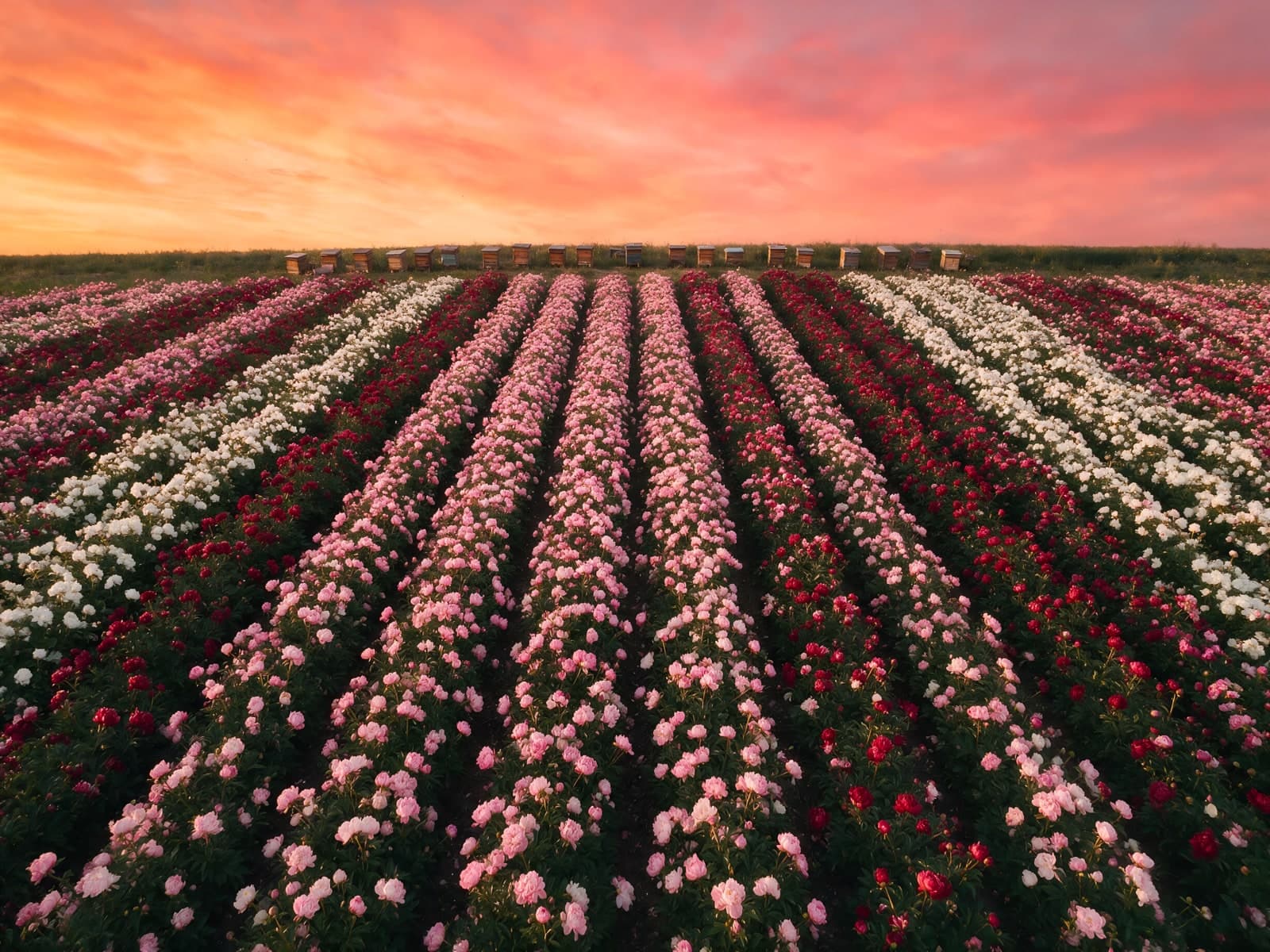 Rijen roze en rode bloemen onder avondlucht