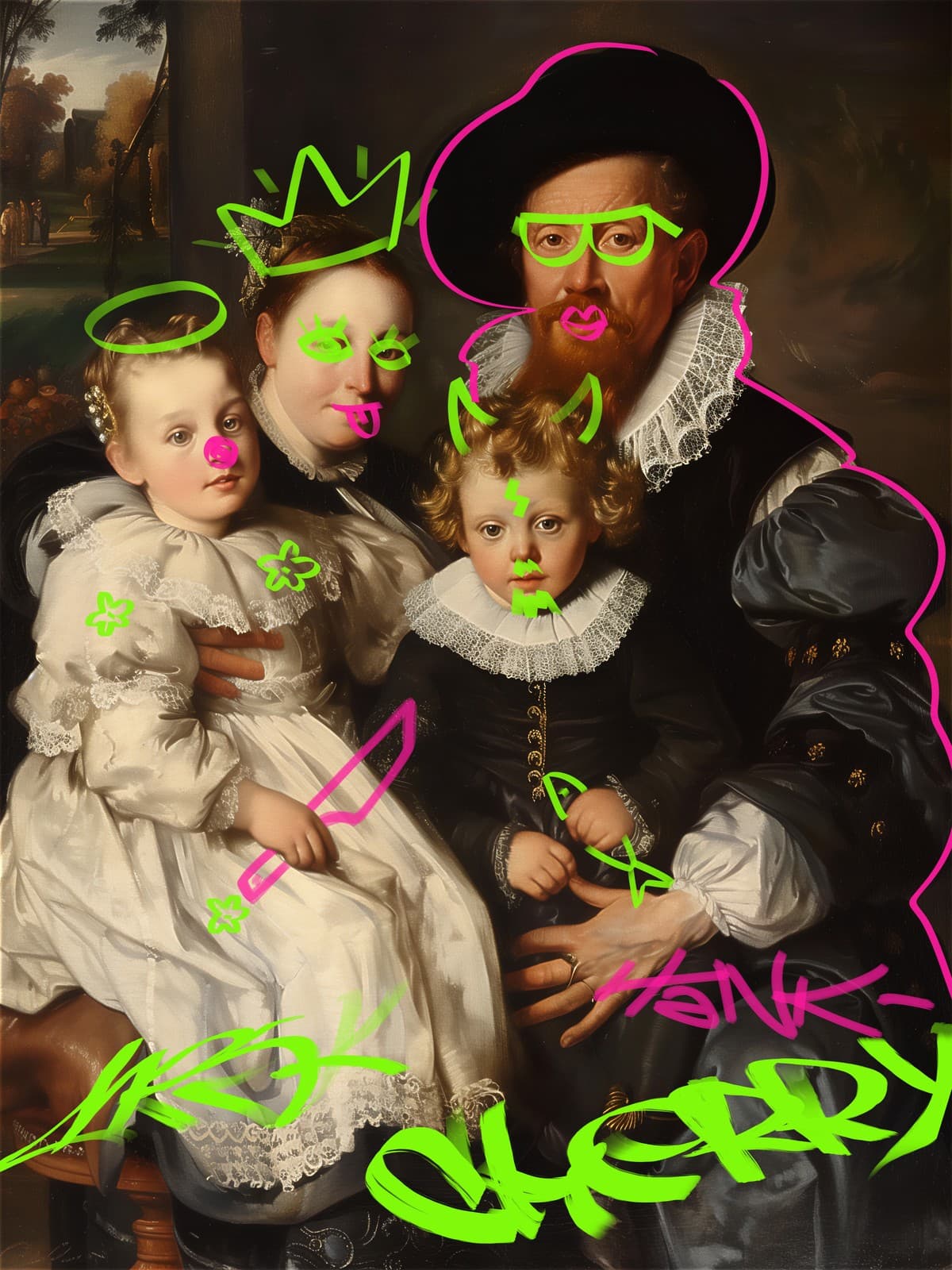Gezin in zwart met groene kroontjes