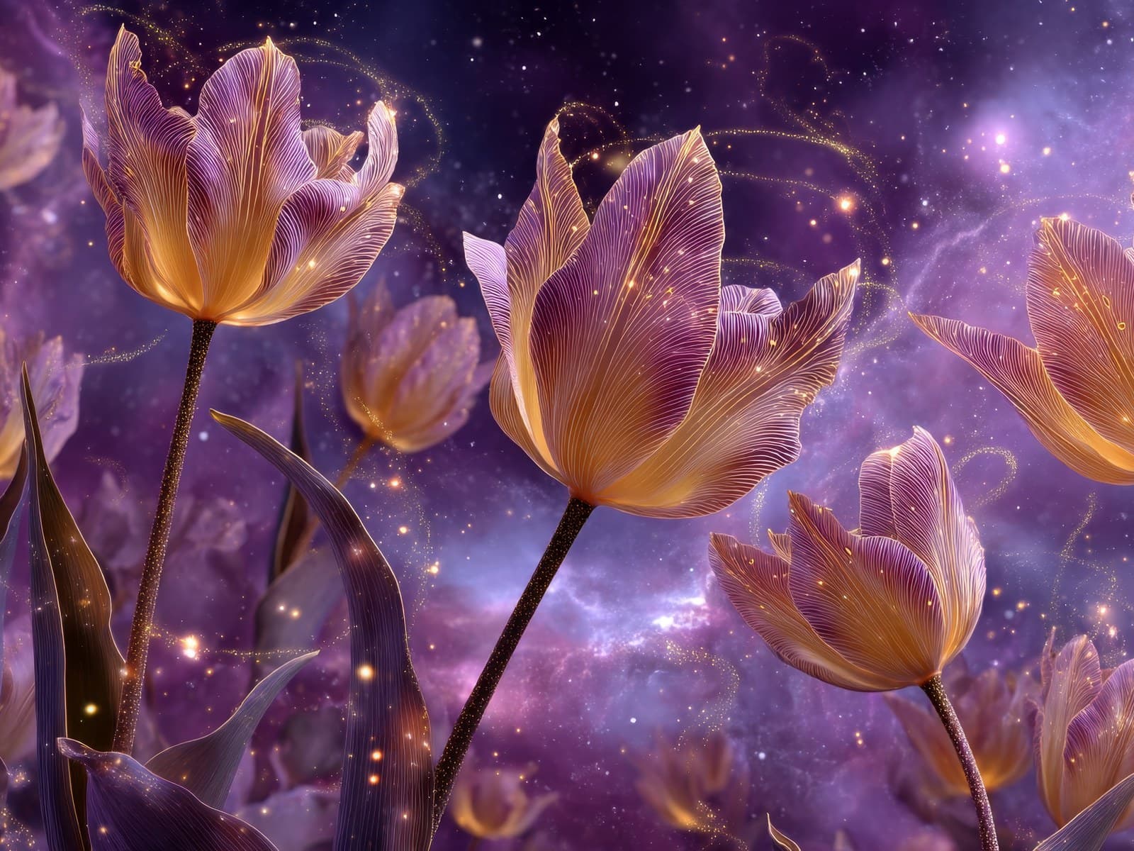 Roze en gouden tulpen in paarse nevel