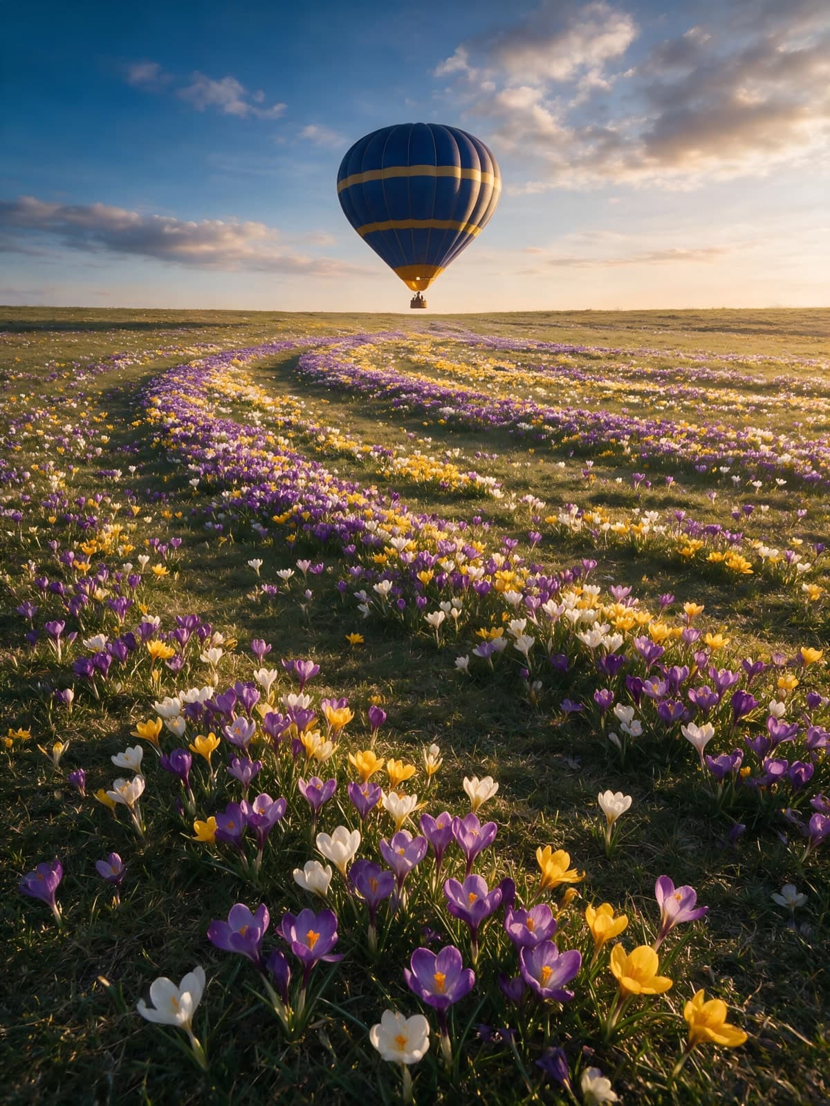 Ballon boven een veld vol krokussen