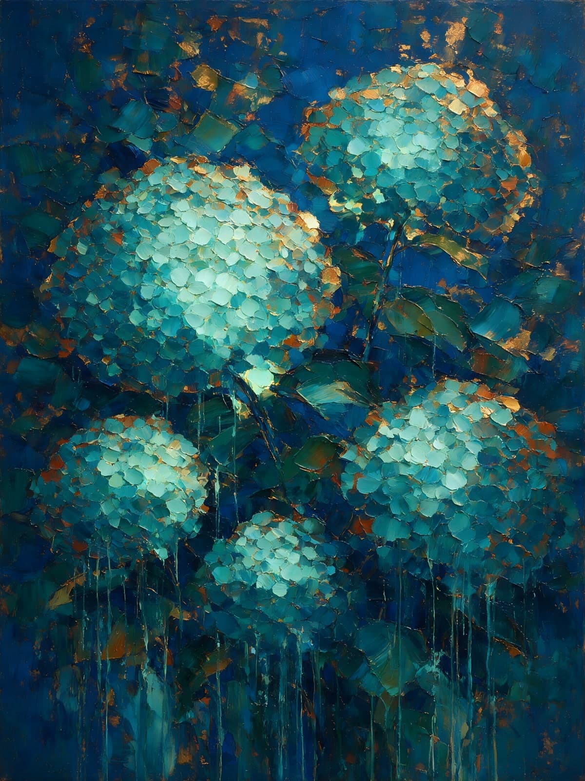Turquoise hortensia's op diepblauwe achtergrond