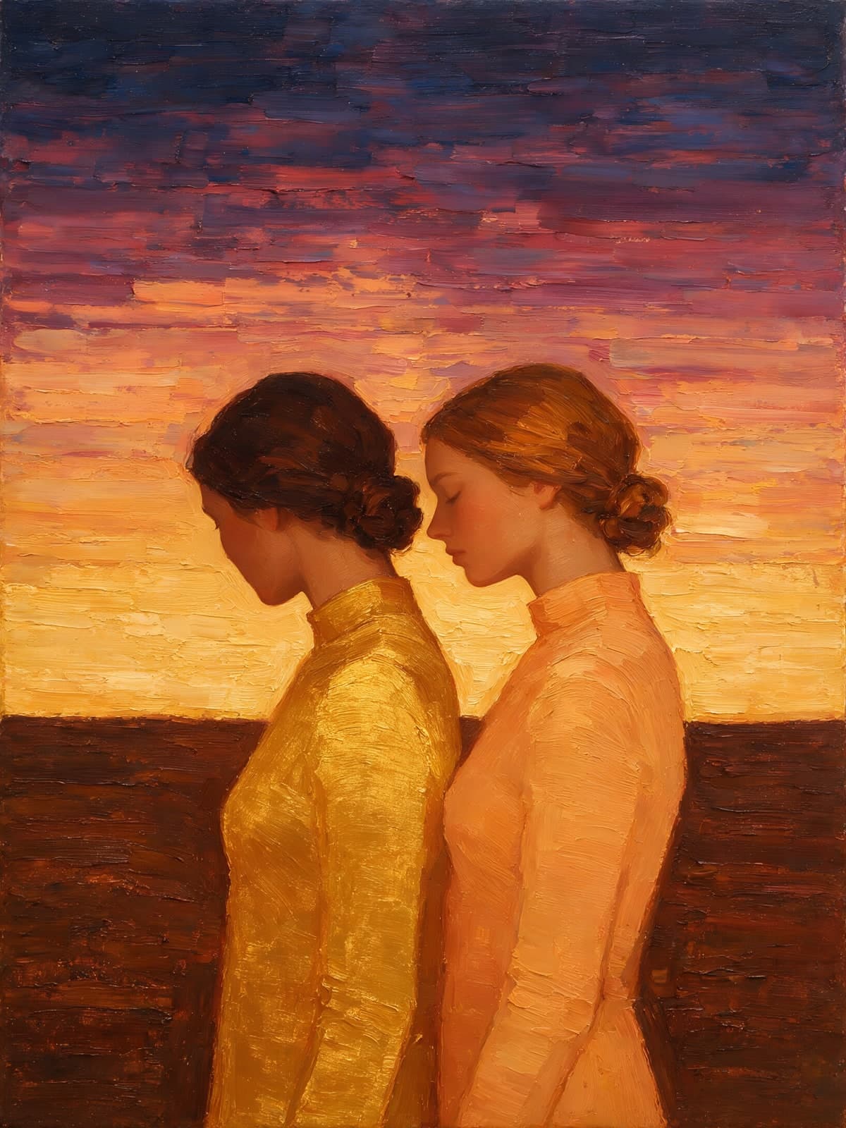 Twee vrouwen in geel voor de avondlucht
