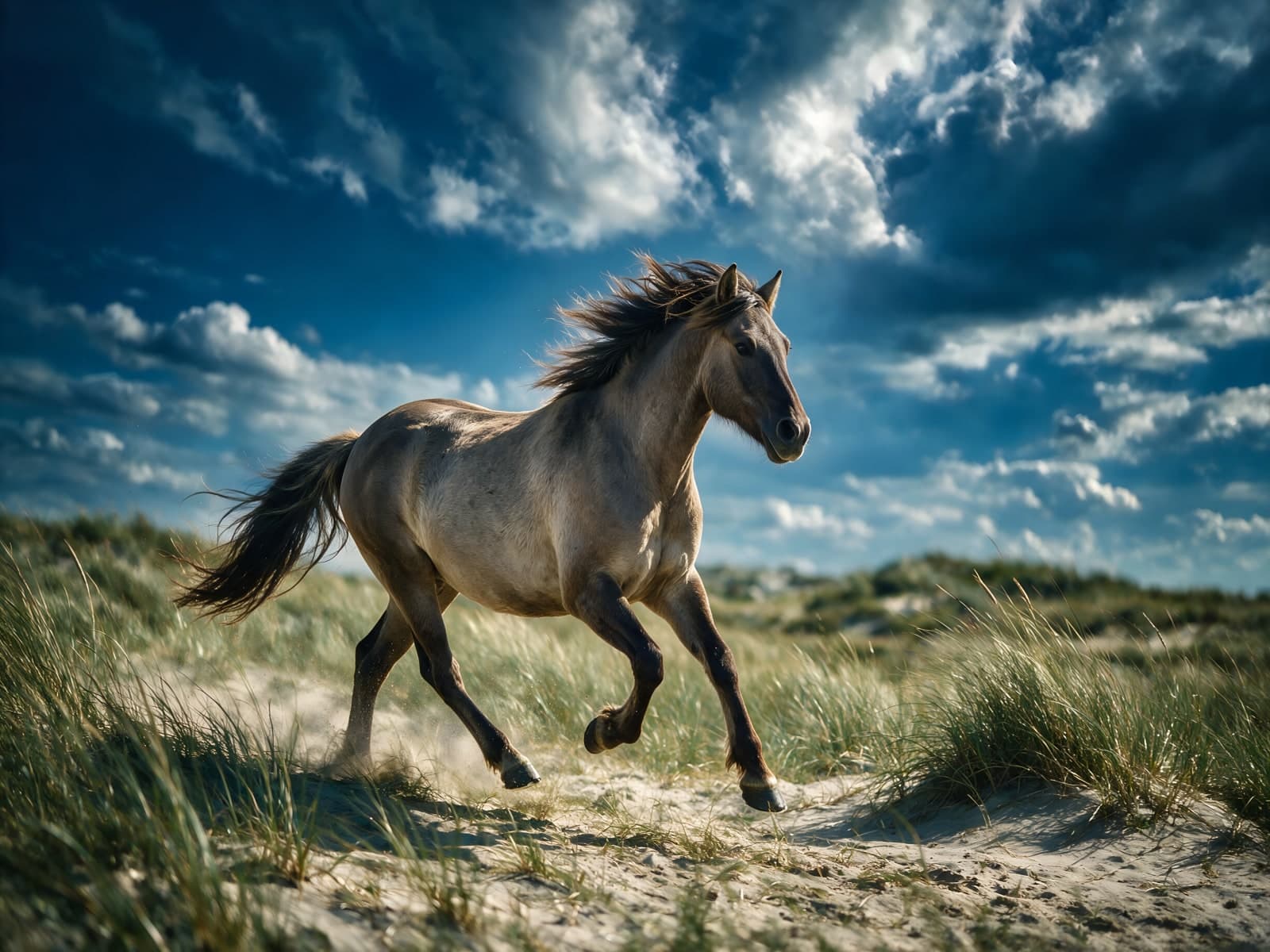 Galopperend paard in duingras onder dramatische wolken