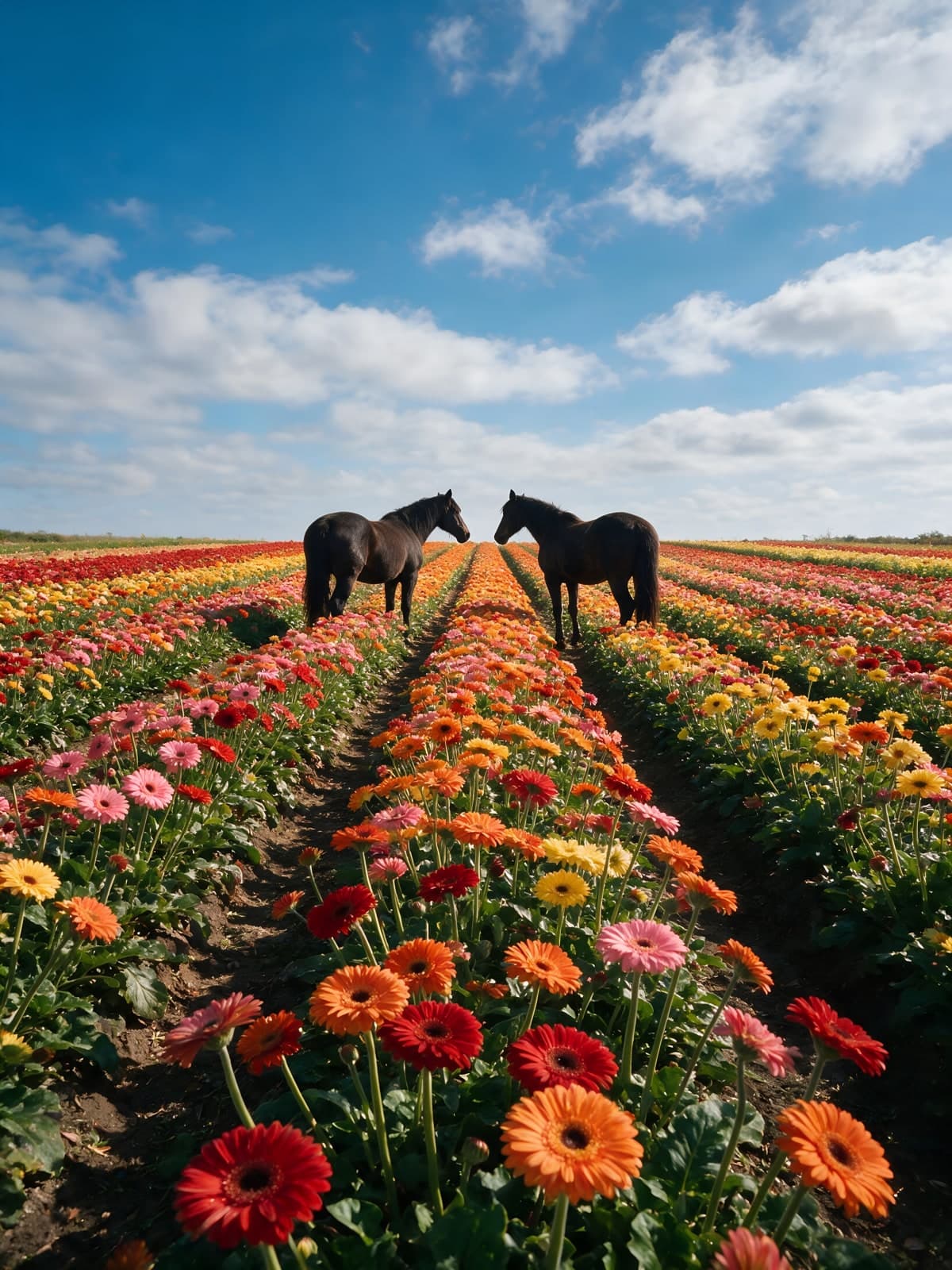 Paarden tussen rijen gerbera's onder blauwe lucht