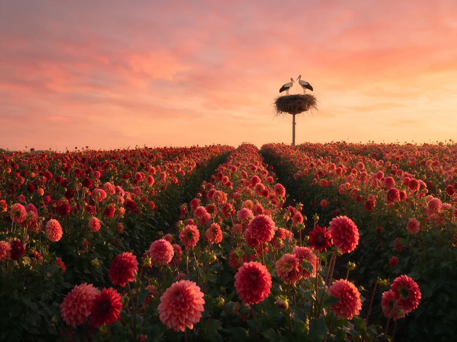 Ooievaarsnest boven dahliaveld bij zonsondergang