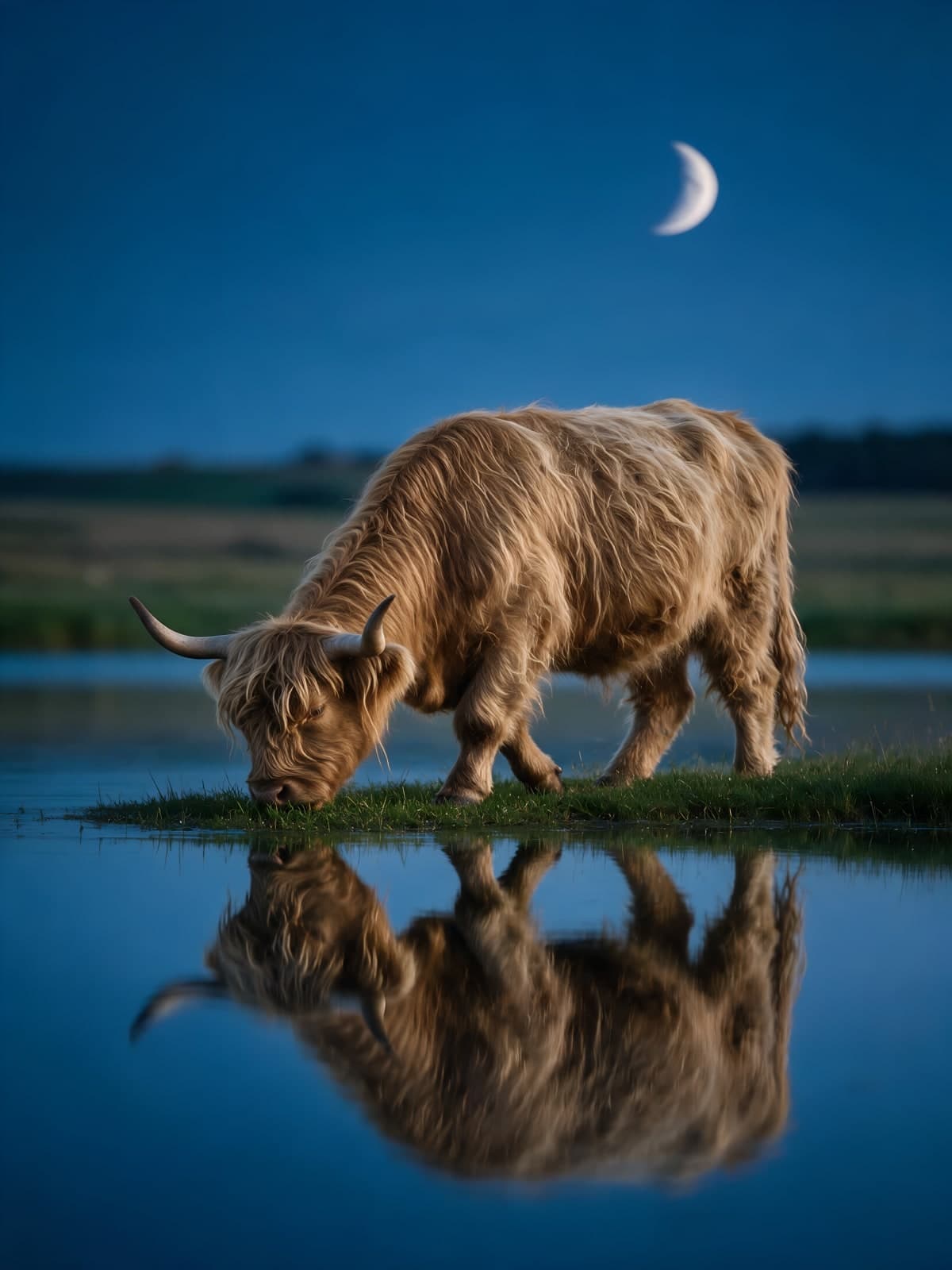 Hooglander drinkt aan het water bij maansikkel