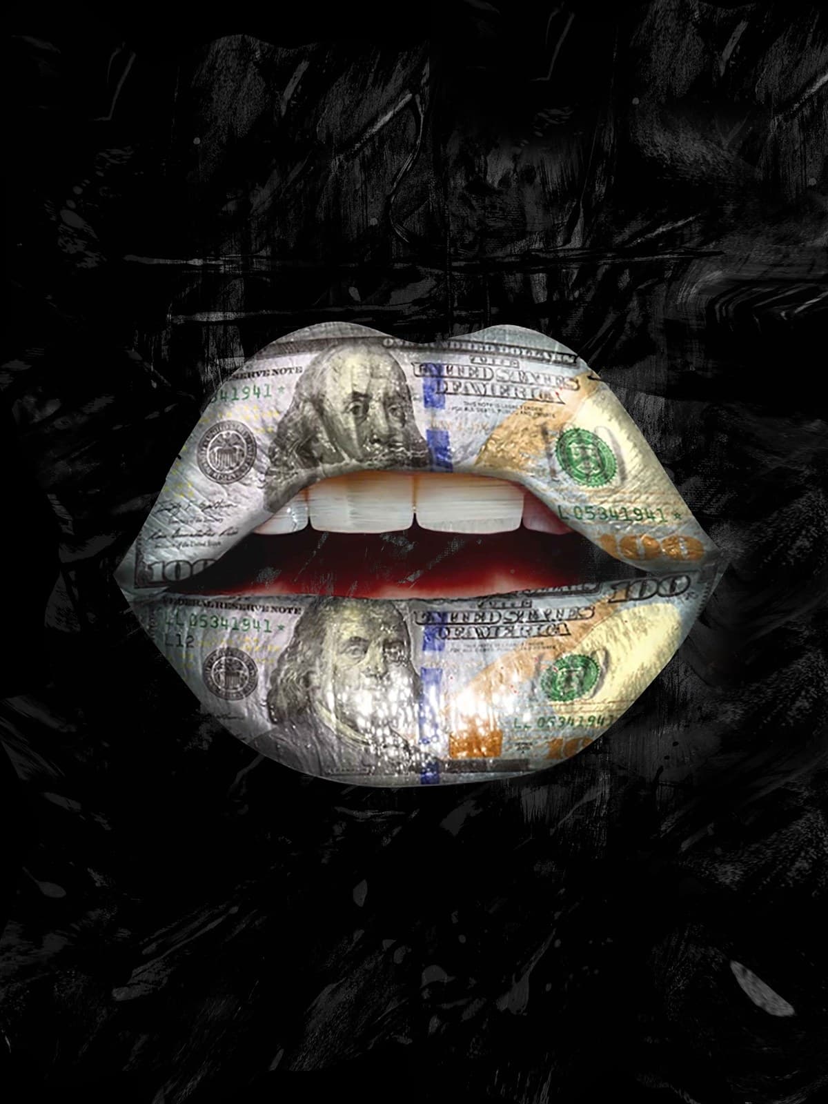 Lippen van dollarbiljet op zwarte achtergrond