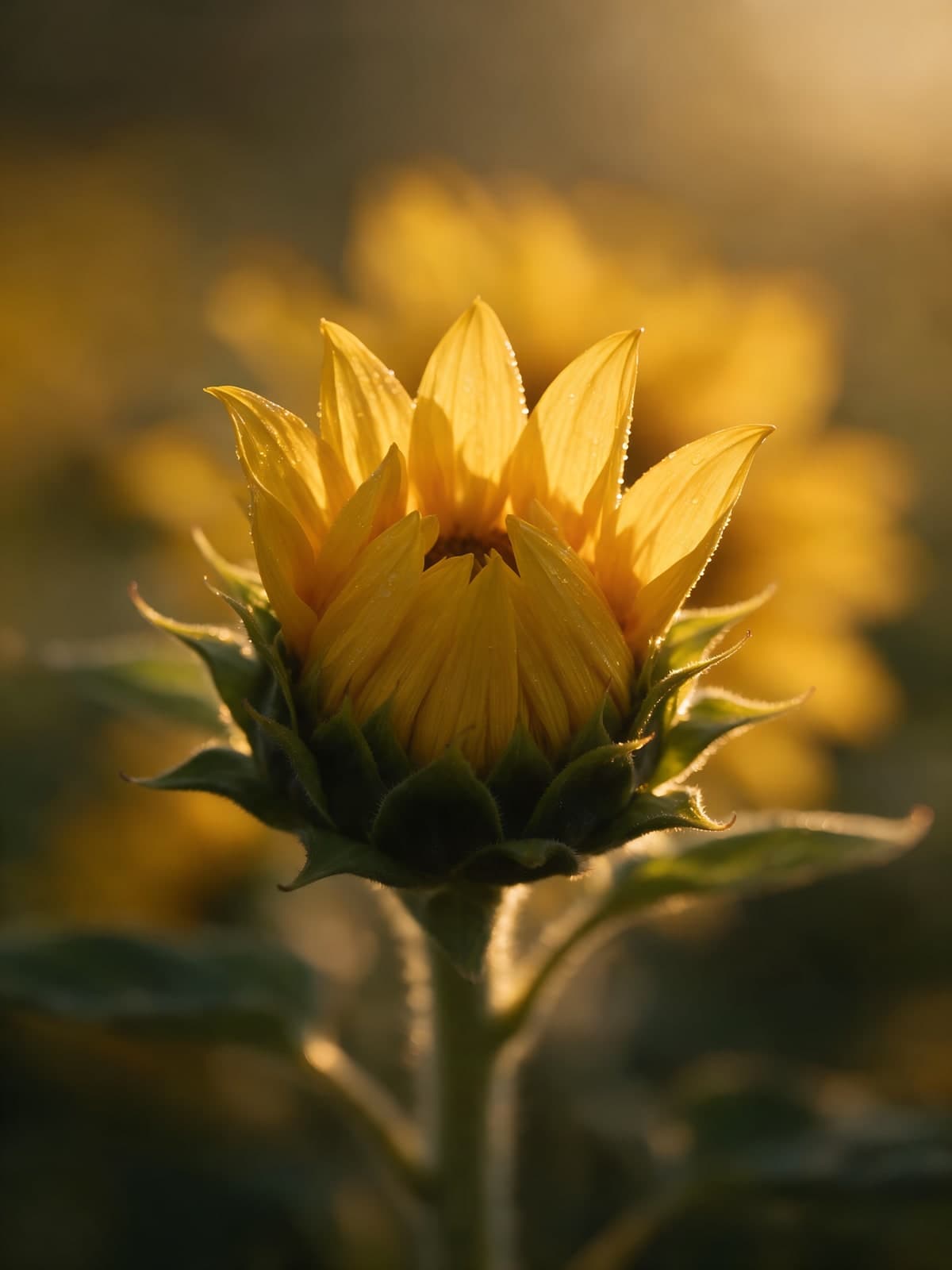 Opengaande zonnebloem in avondlicht