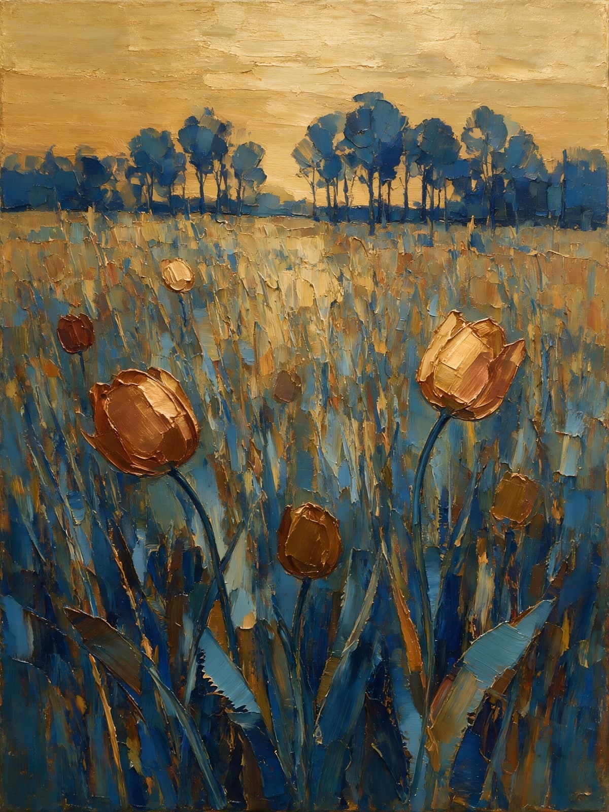 Gouden tulpen in blauw veld