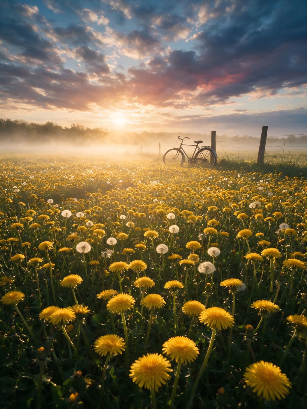 Fiets bij hek in paardenbloemenveld