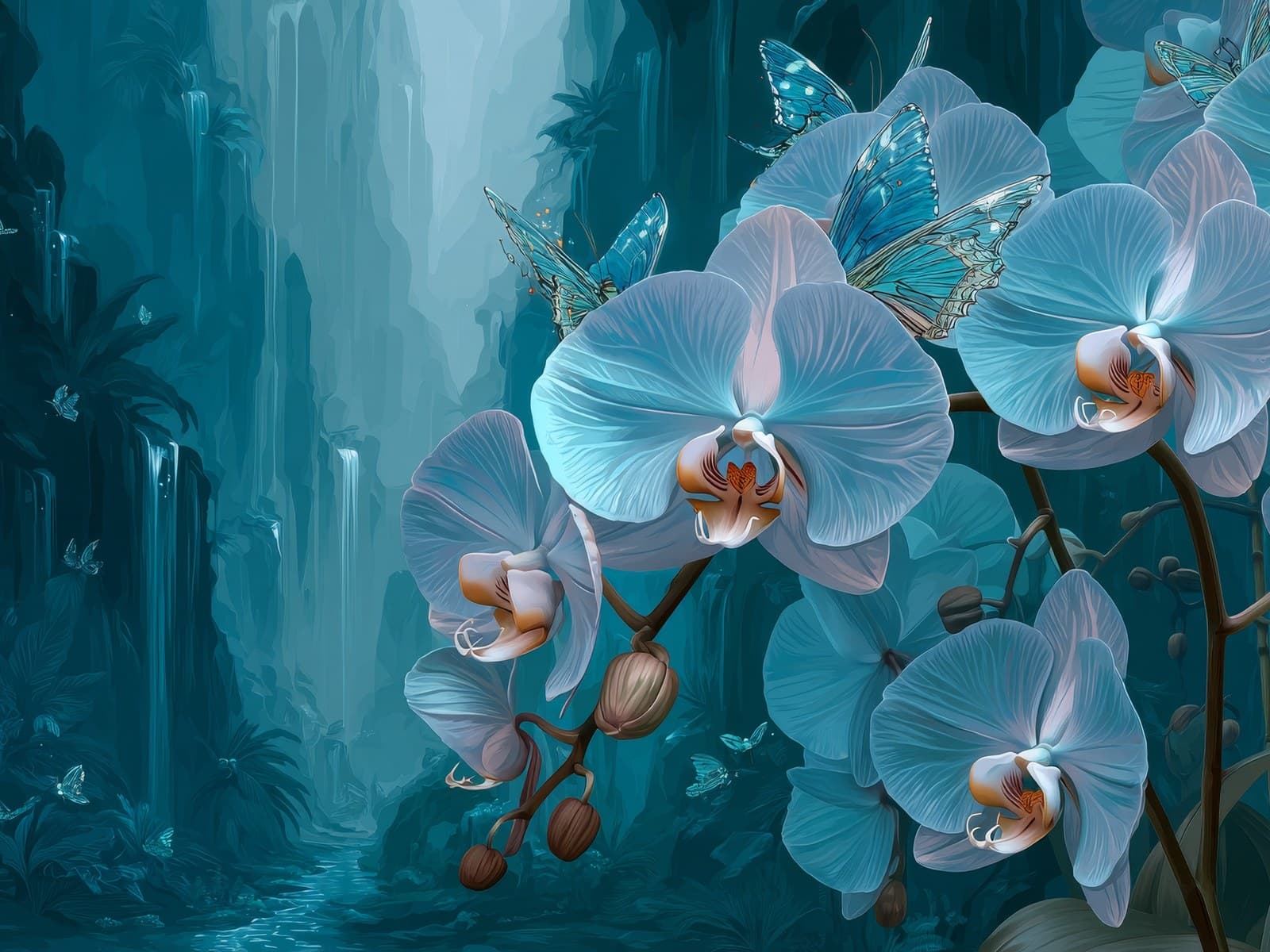 Lichtblauwe orchideeën in een diepe kloof