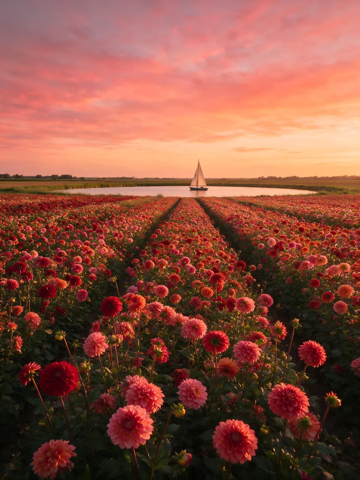 Dahliaveld met zeilboot bij roze zonsondergang