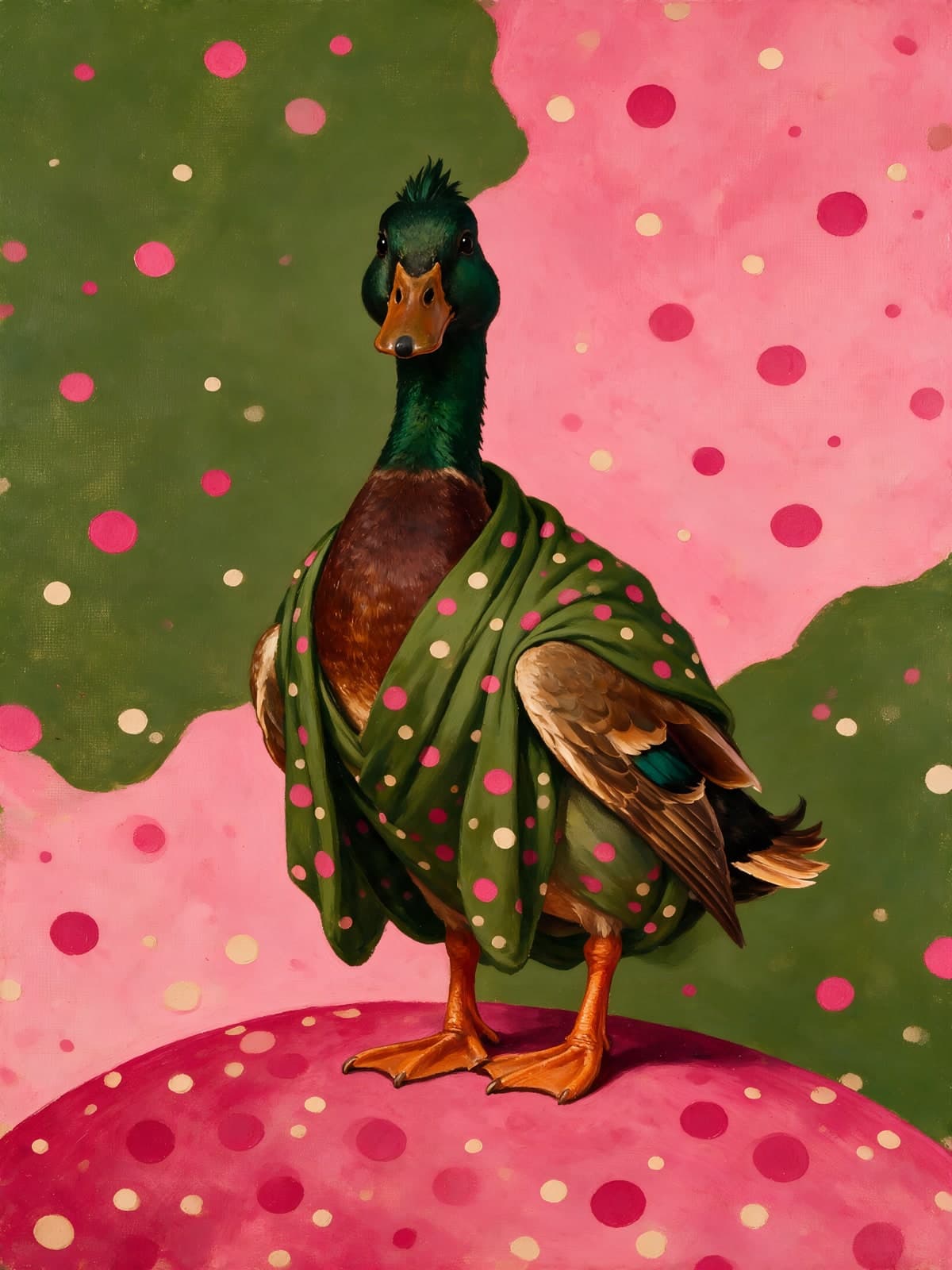 Eend in groene mantel op roze stippen