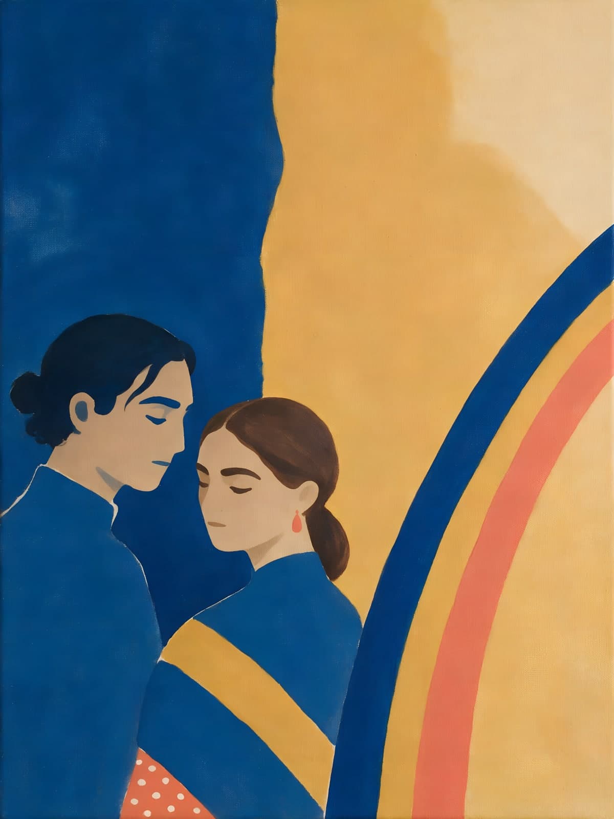 Twee mensen in blauw bij een boog