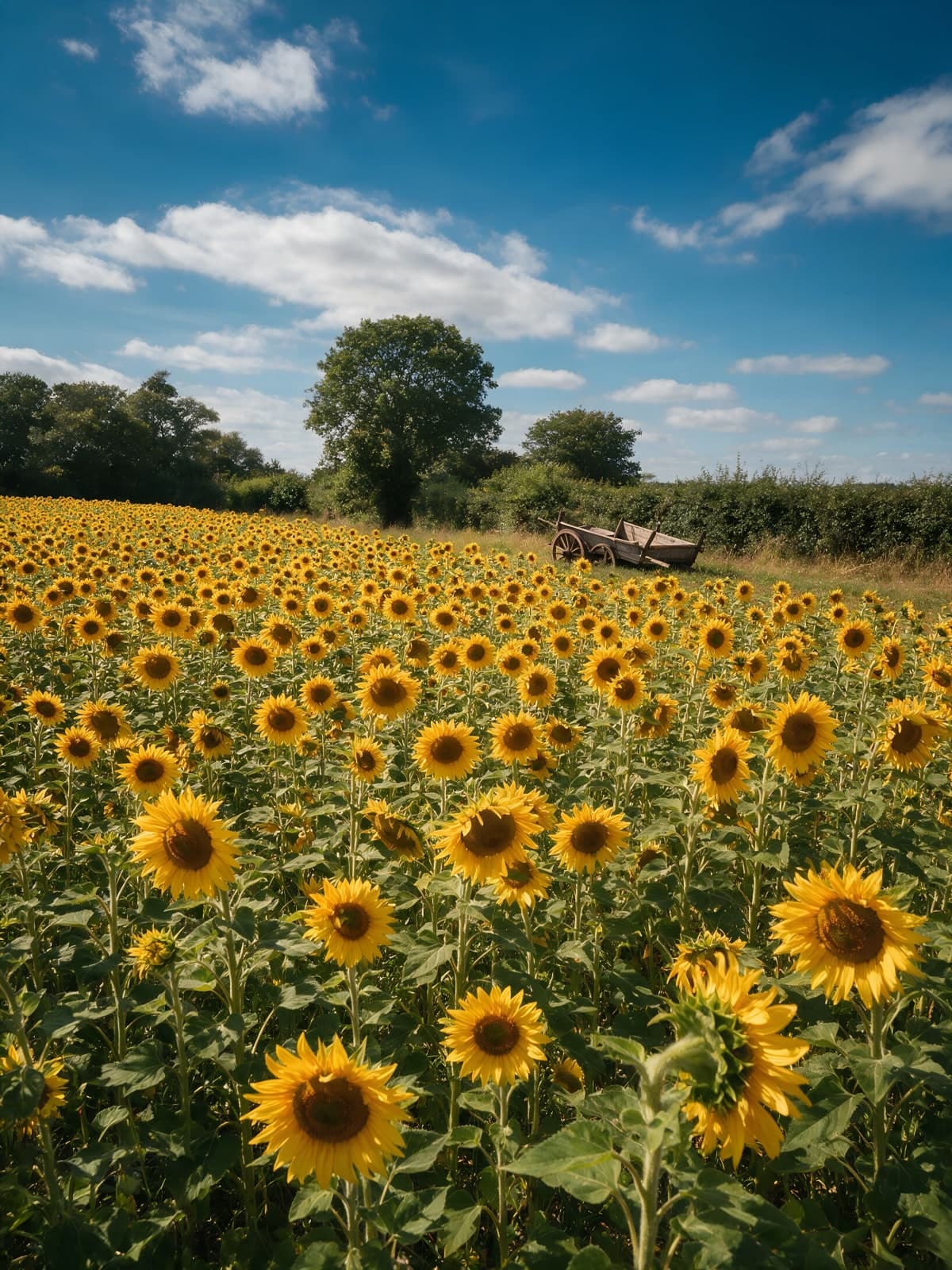 Zonnebloemveld onder blauwe lucht met wolken