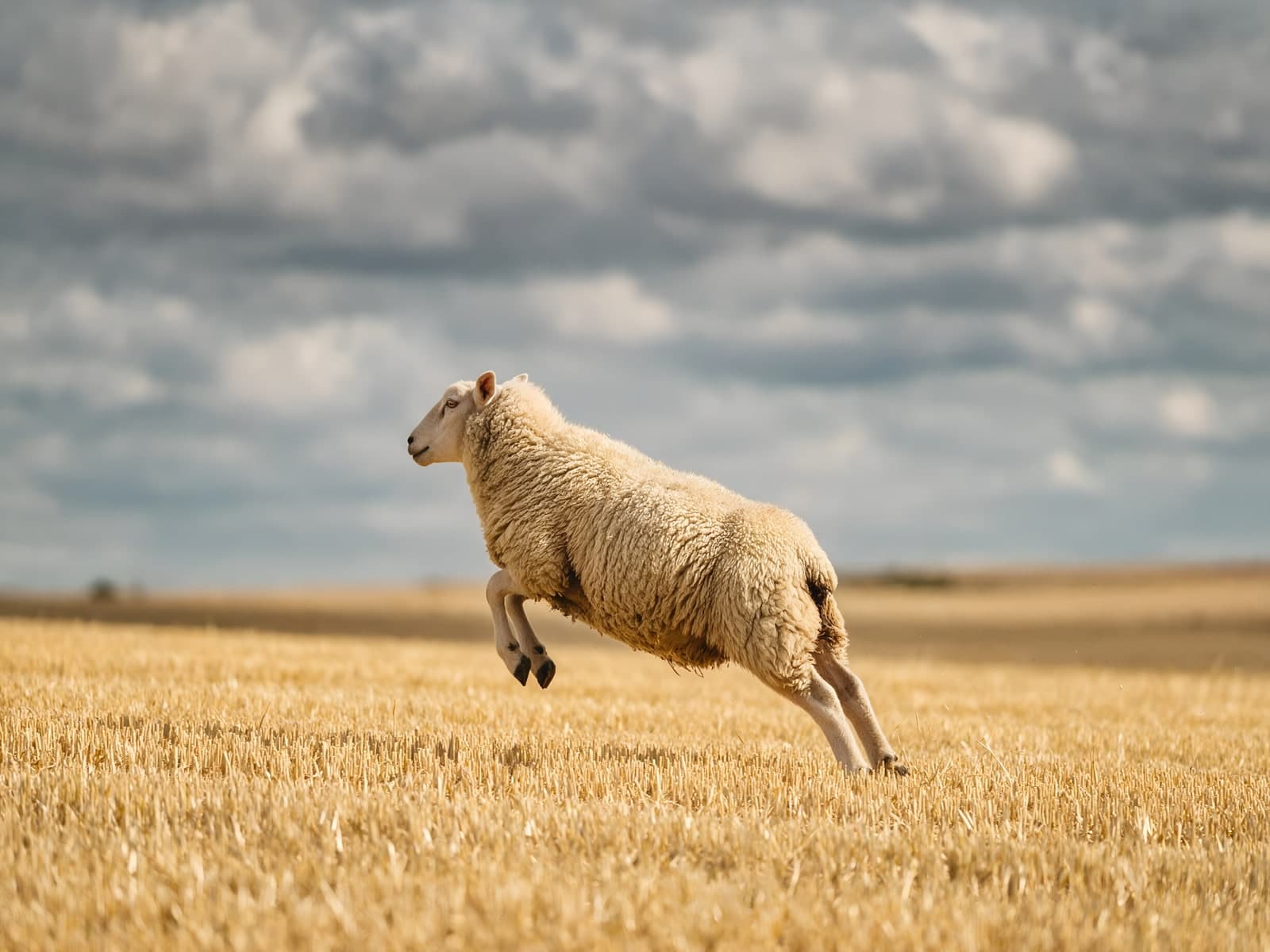 Springend schaap in een korenstoppelveld