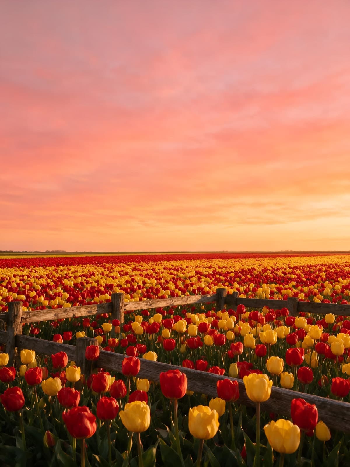 Rode en gele tulpen onder roze avondlucht