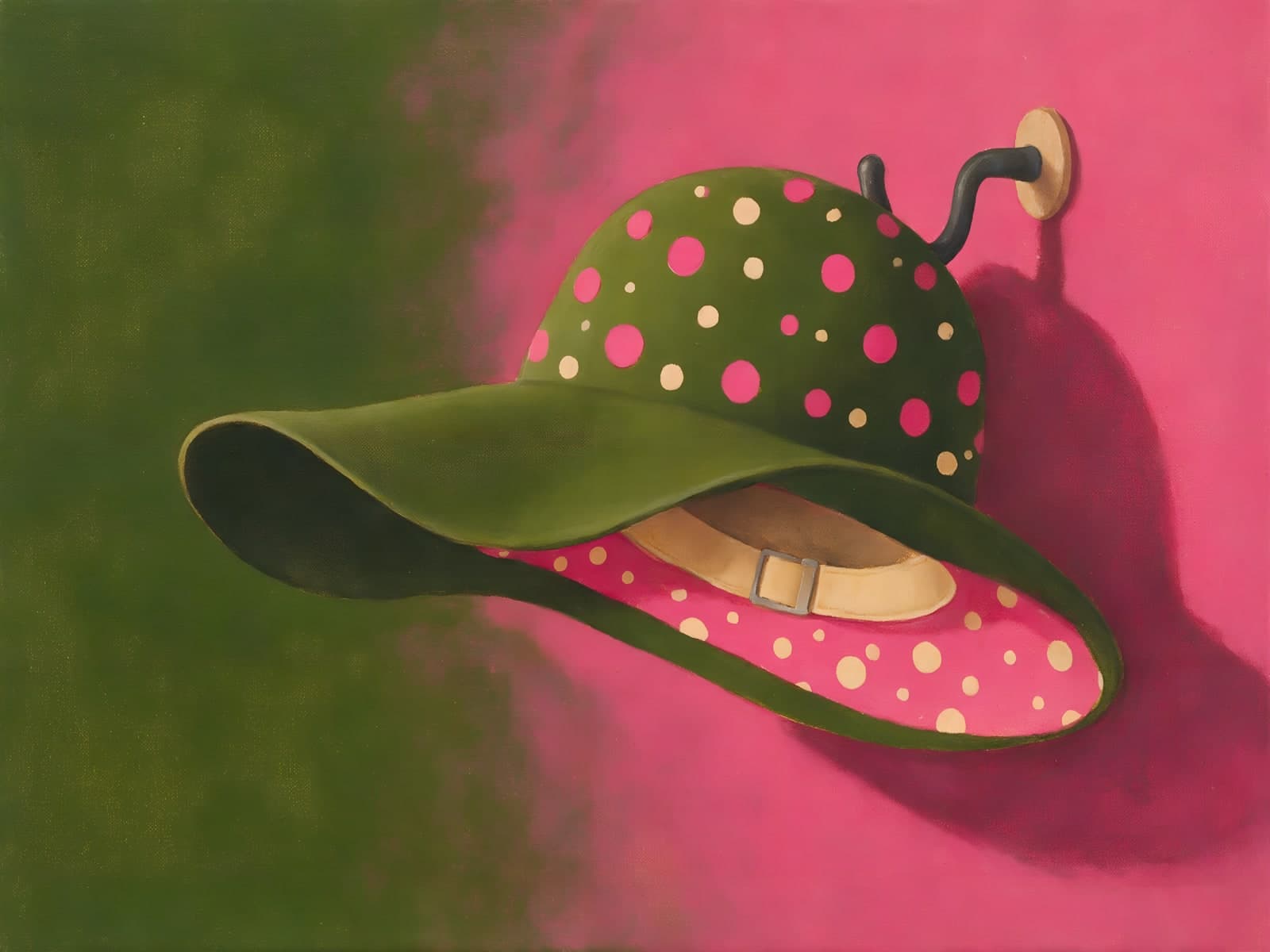 Groene hoed met stippen aan roze muur