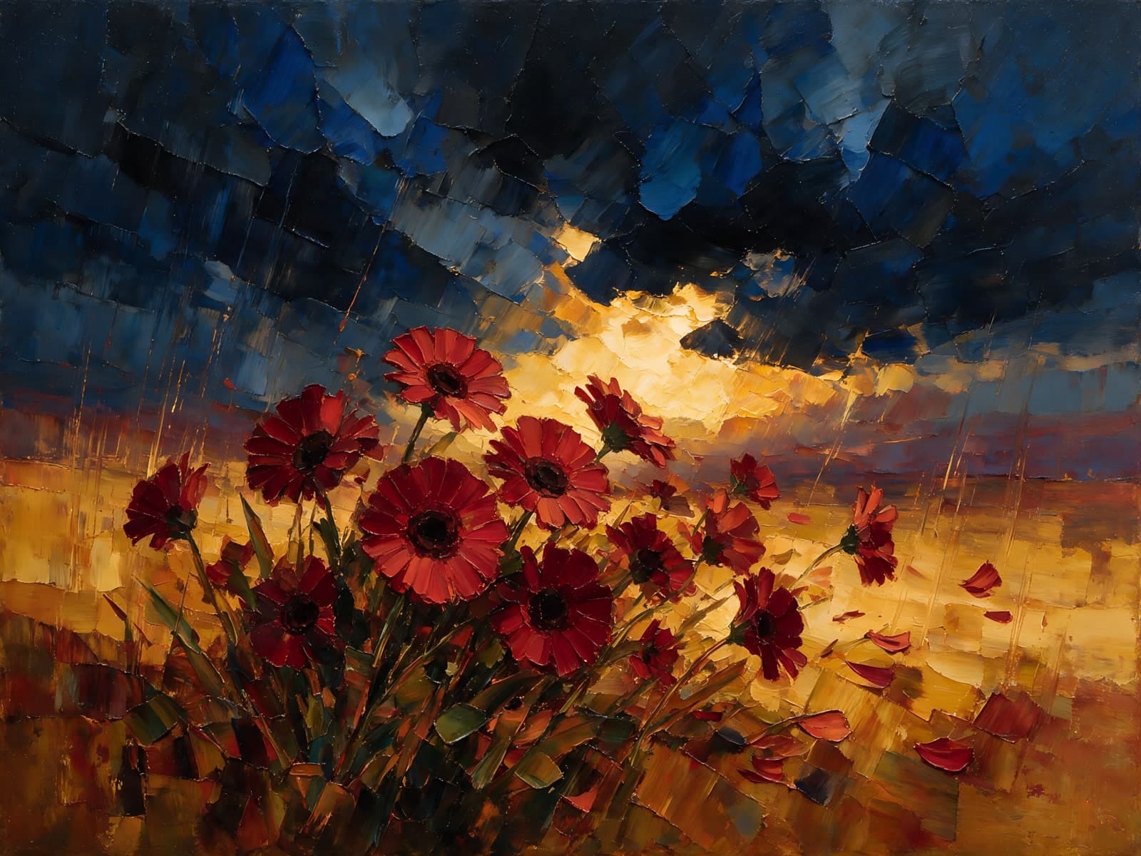 Rode bloemen onder een donkerblauwe lucht