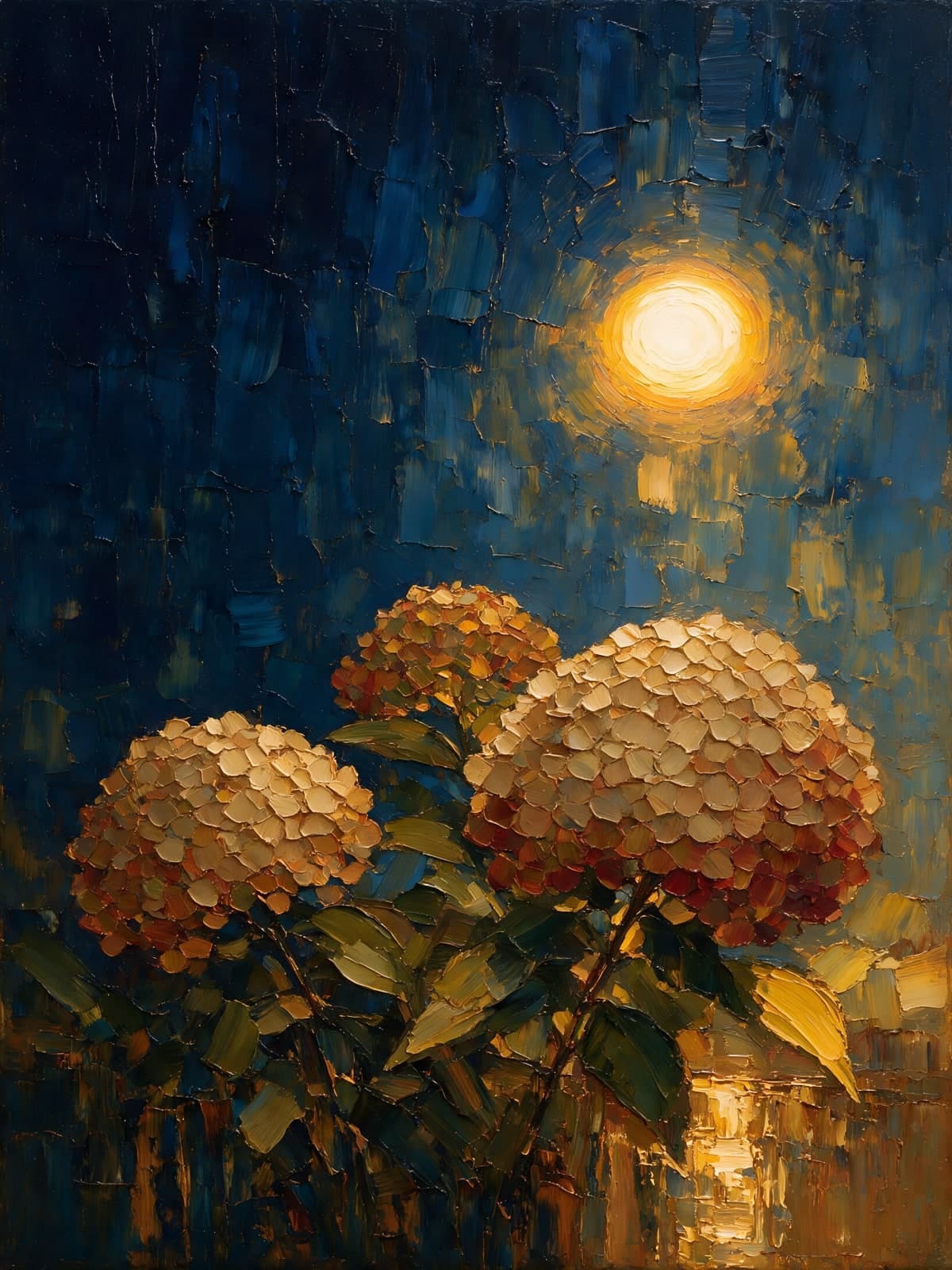 Gouden hortensia's onder een heldere maan