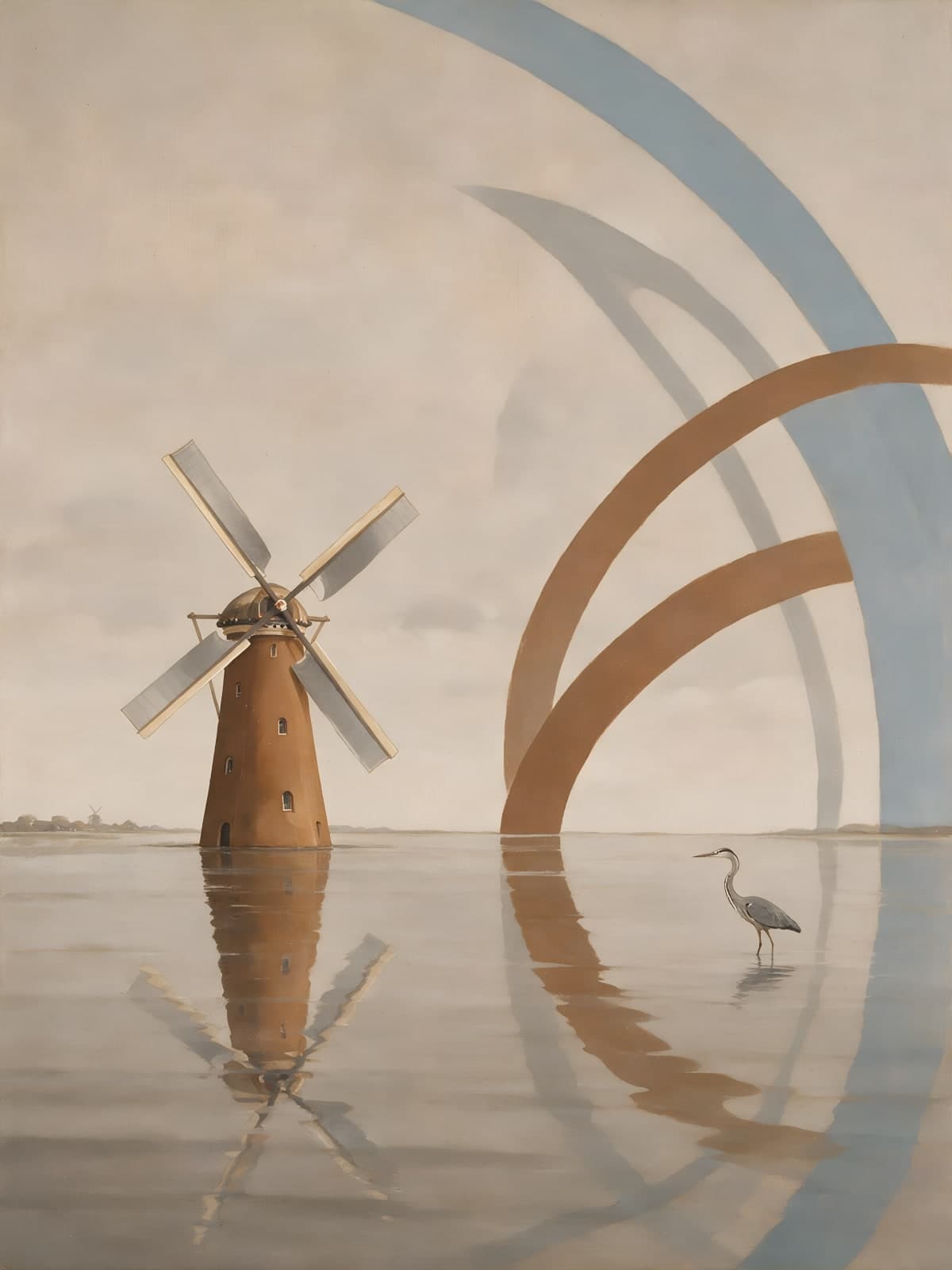 Windmolen en reiger in stil water