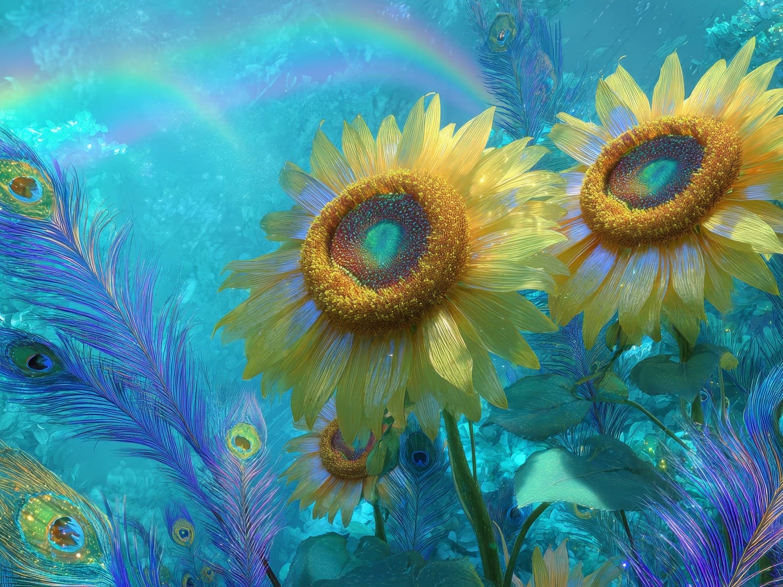 Zonnebloemen met pauwenveren en regenboog