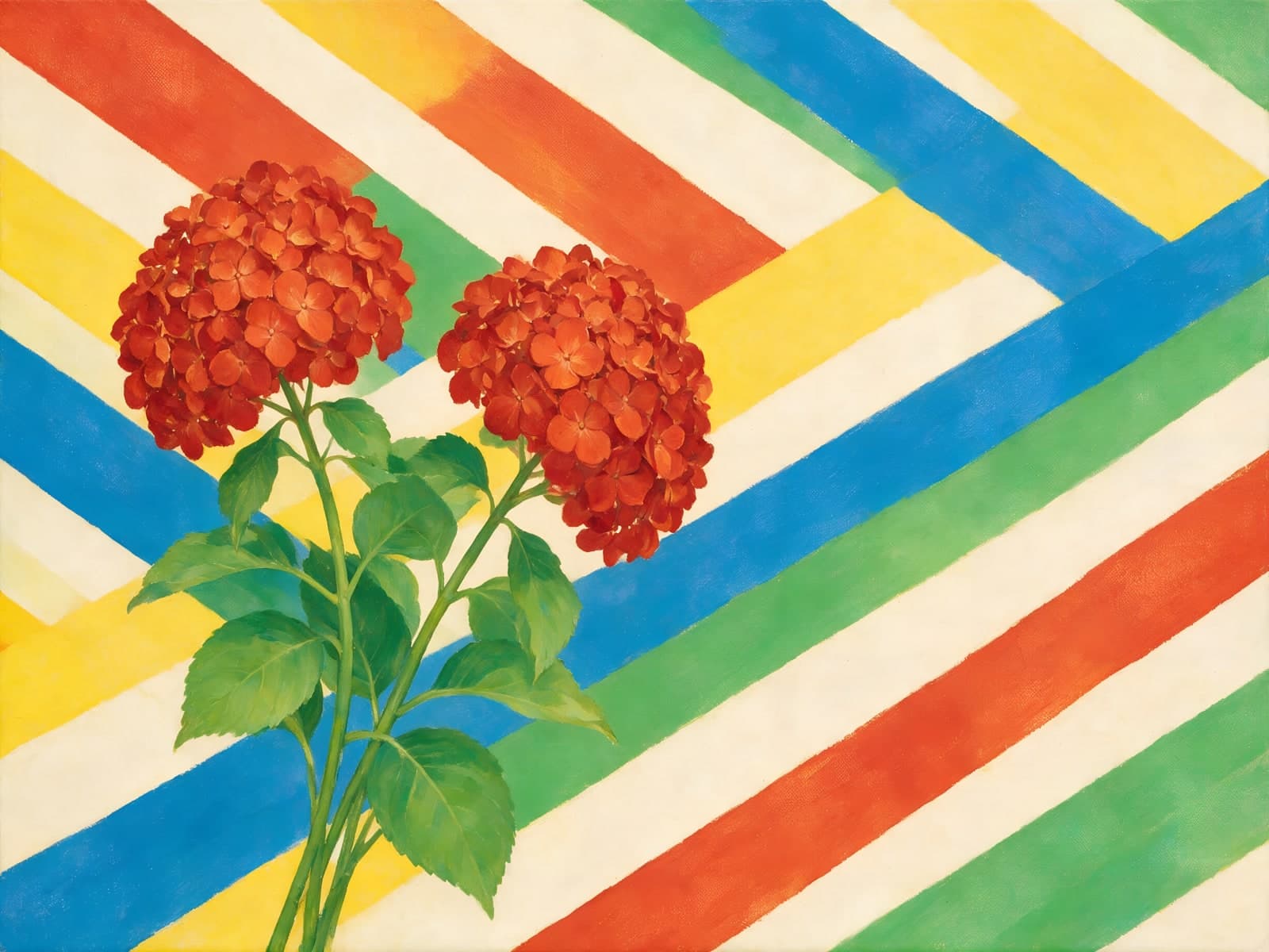Rode bloemen op veelkleurige diagonale strepen