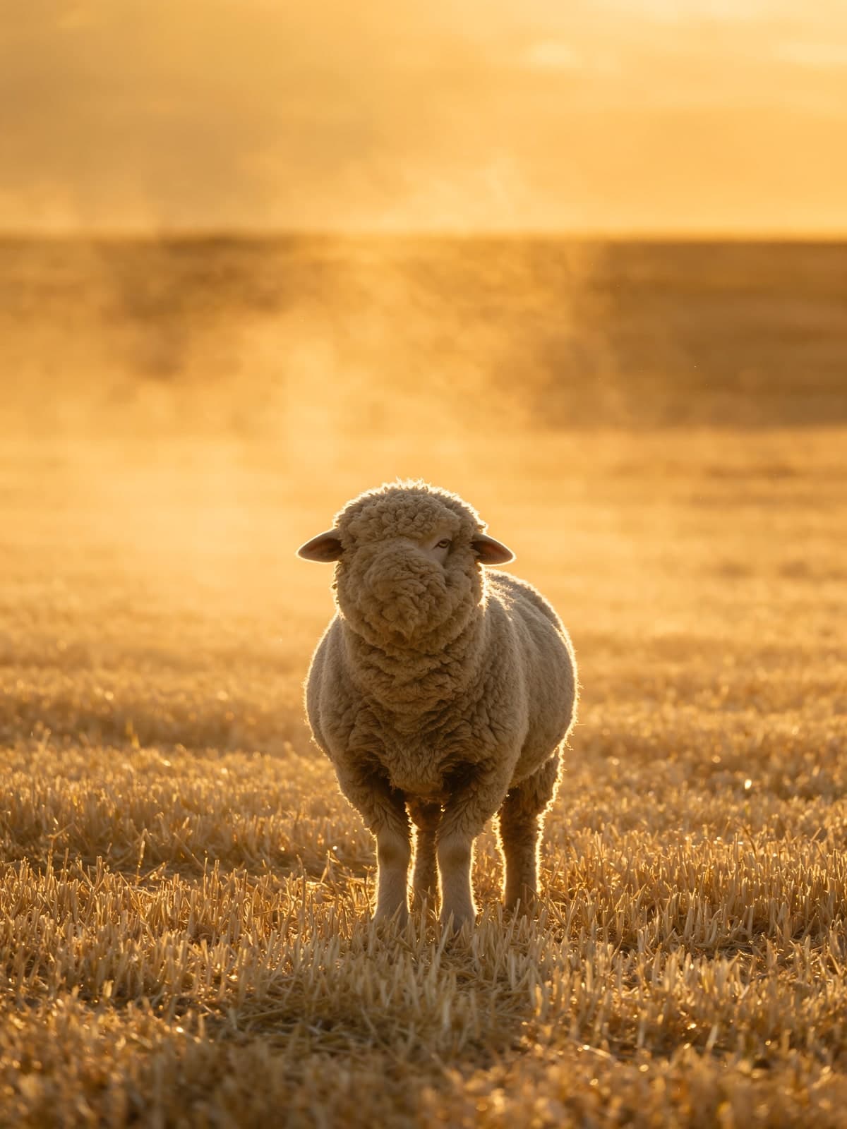 Schaap in gouden licht op een stoppelveld