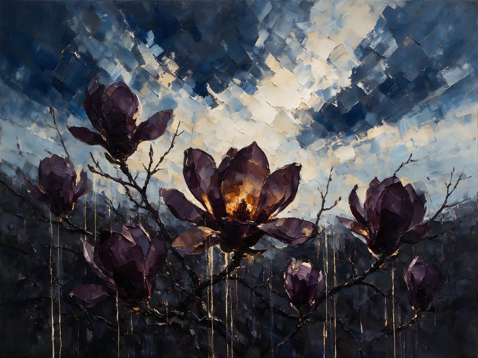Donkerpaarse magnolia's onder wilde lucht