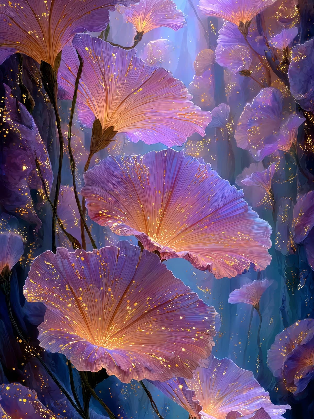 Grote violette trompetbloemen met gouden stof