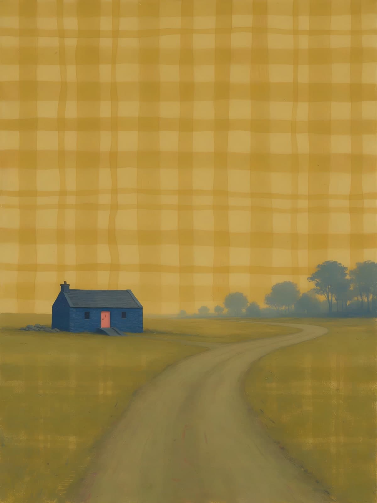 Blauw huisje aan een zandpad