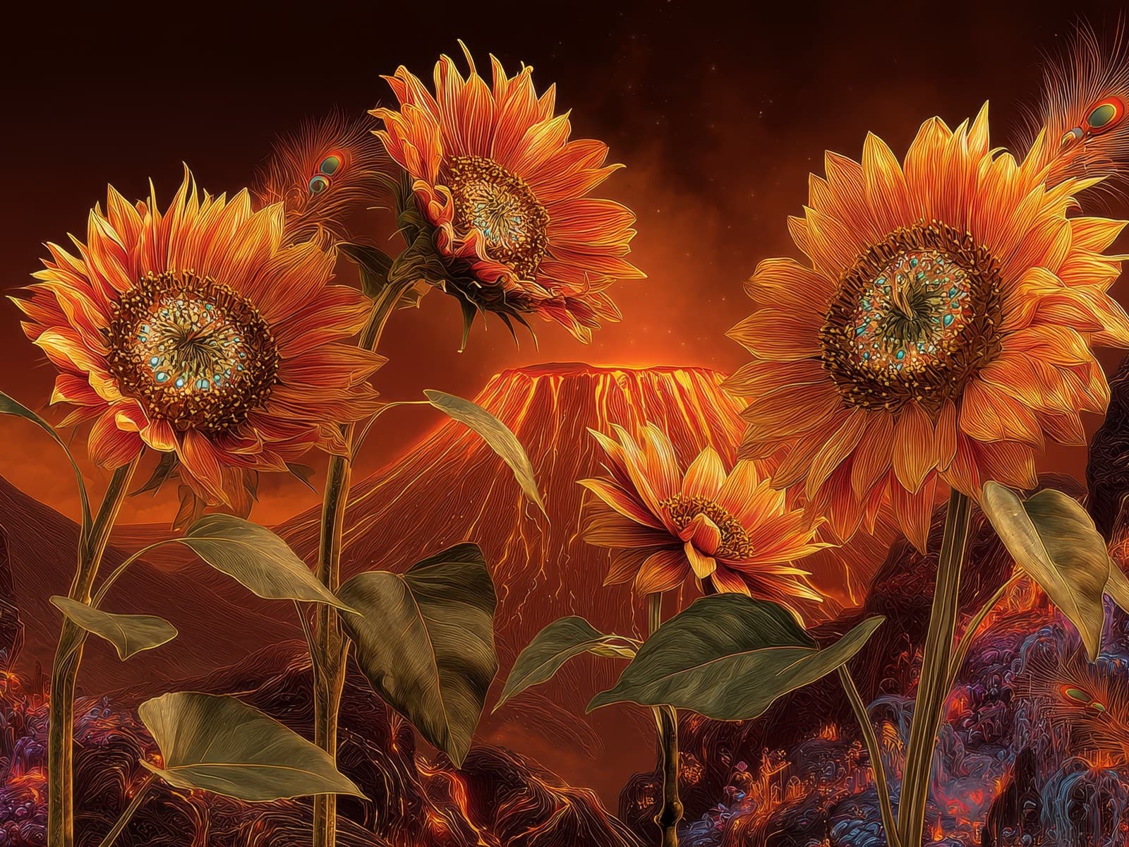 Zonnebloemen voor een vurig landschap