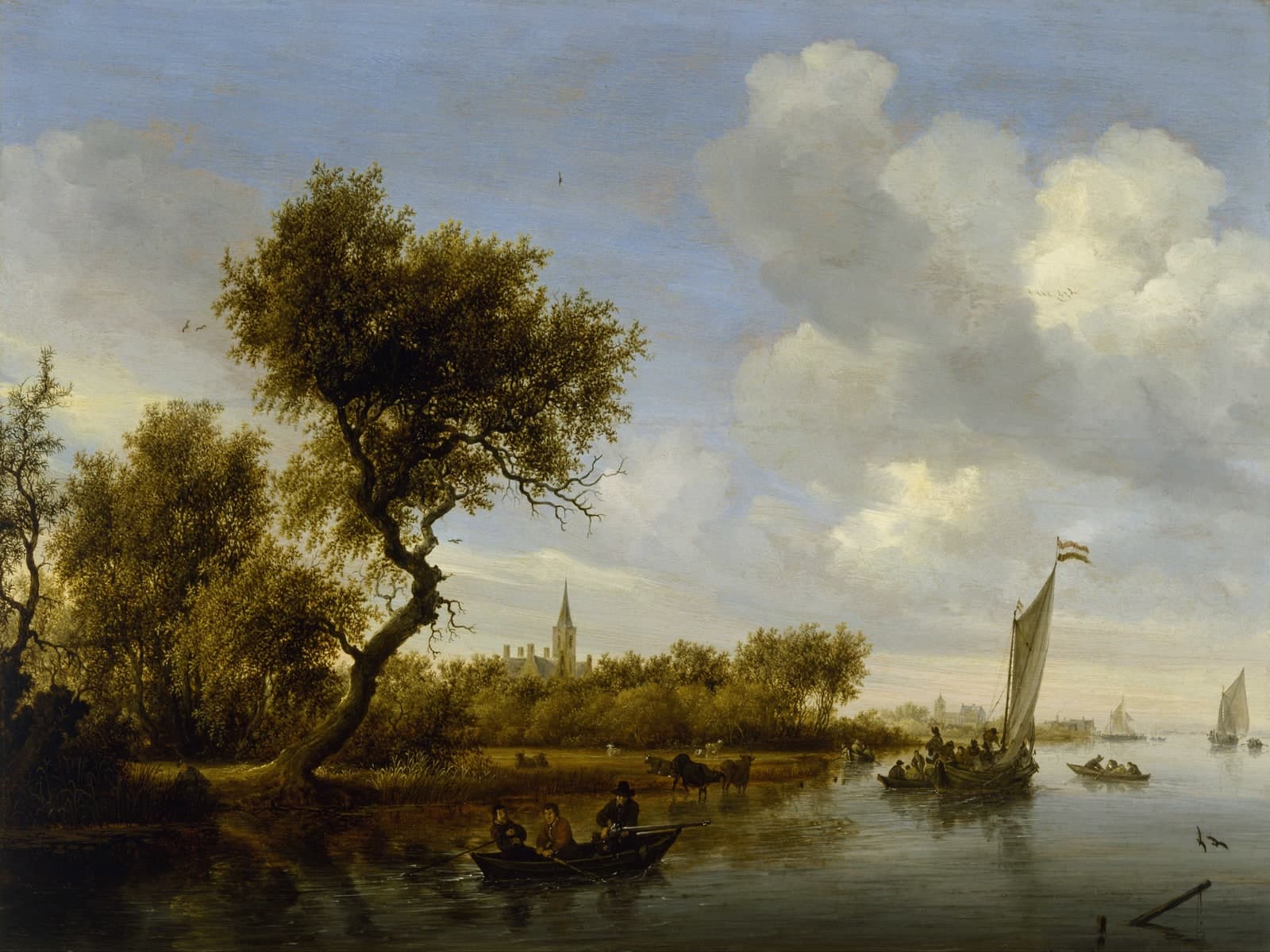 Rivierlandschap met een kerk in de verte