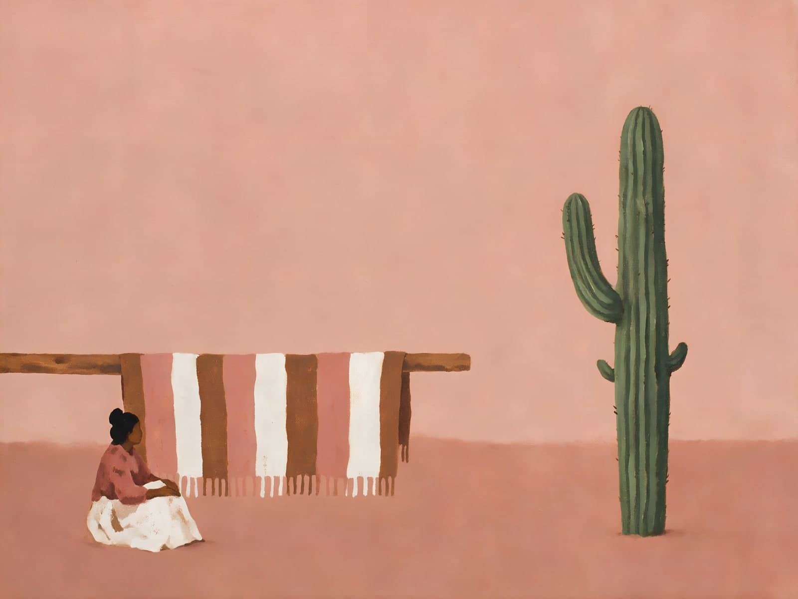 Cactus en geweven doek in roze woestijn