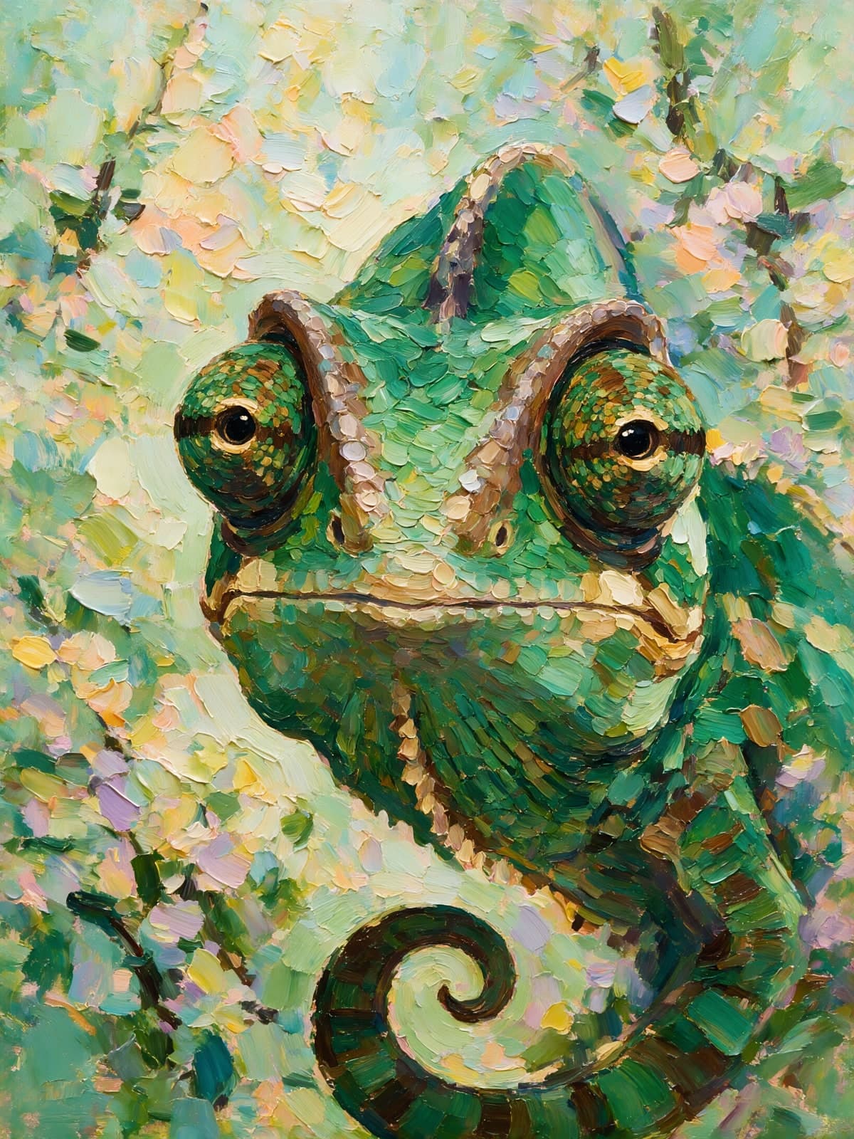 Groene kameleon tussen pastelkleurige bloesems