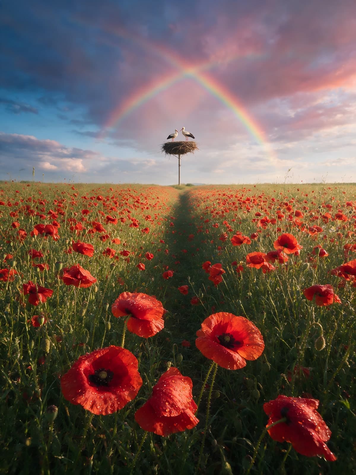 Klaprozenveld met regenboog en ooievaarsnest