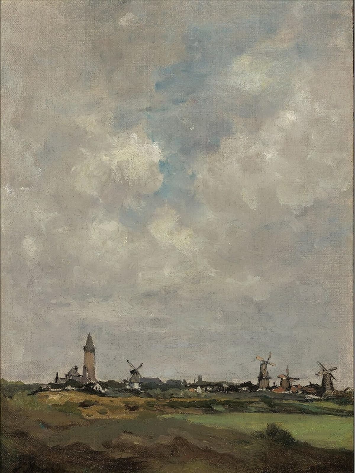 Gezicht op Den Haag met molens en kerktoren